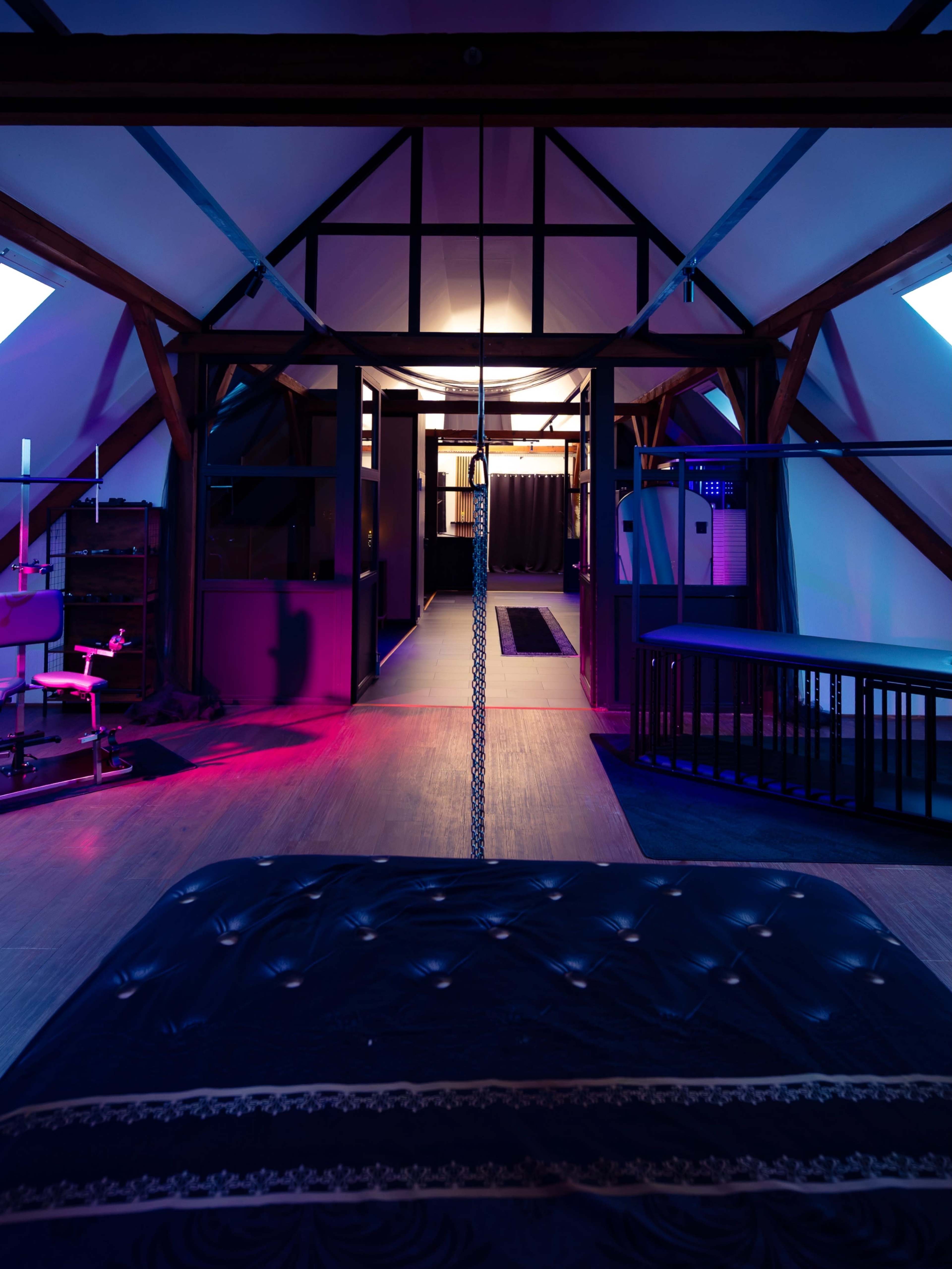 The image shows a spacious, modern room with wooden beams, well-lit with purple and blue lights, featuring a bed, a rope hanging from the ceiling, and various furniture pieces.