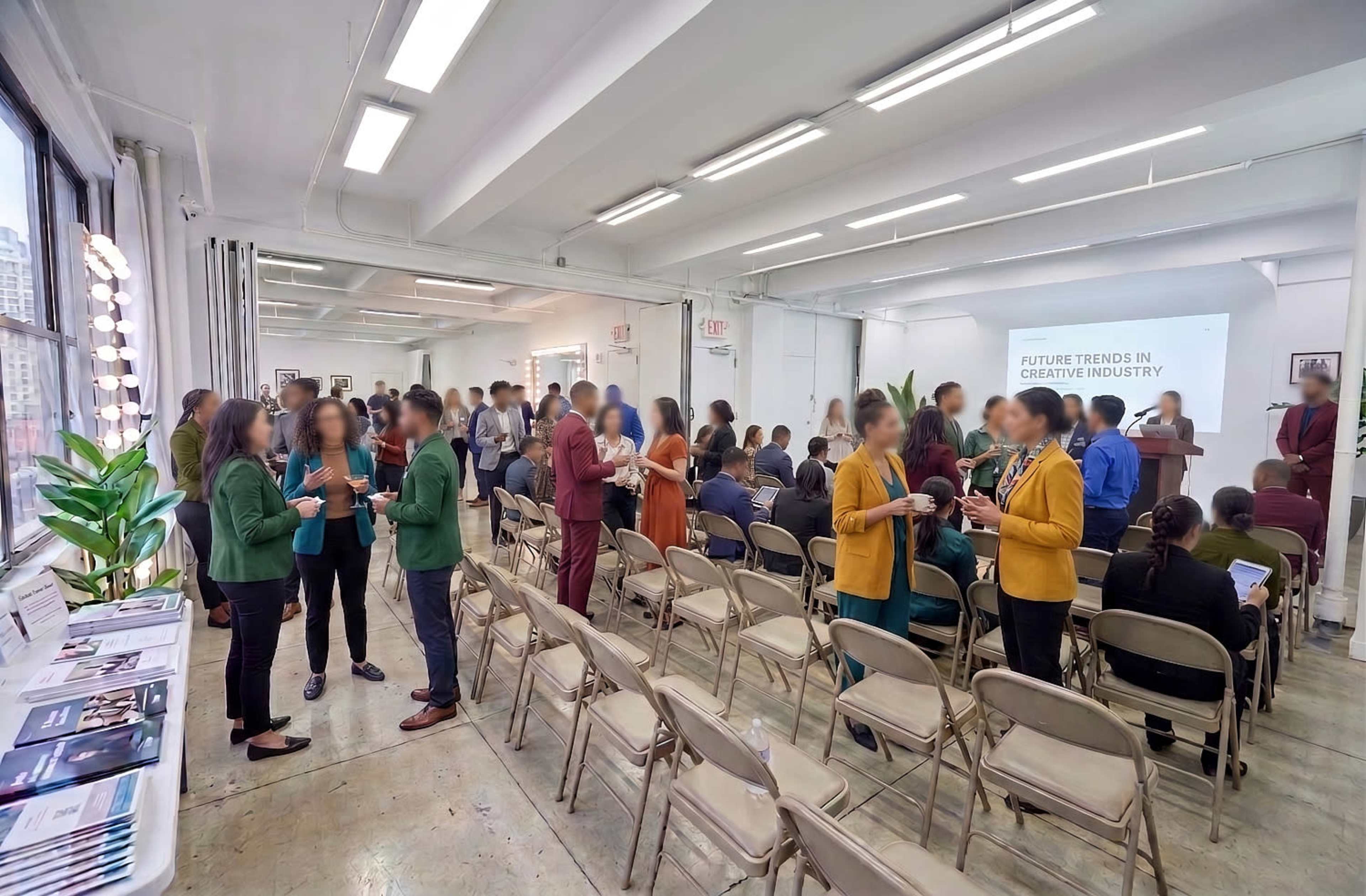 A group of people mingles and discusses in a brightly lit room set up for a presentation, with seated attendees facing a screen displaying "Future Trends in Creative Industry."