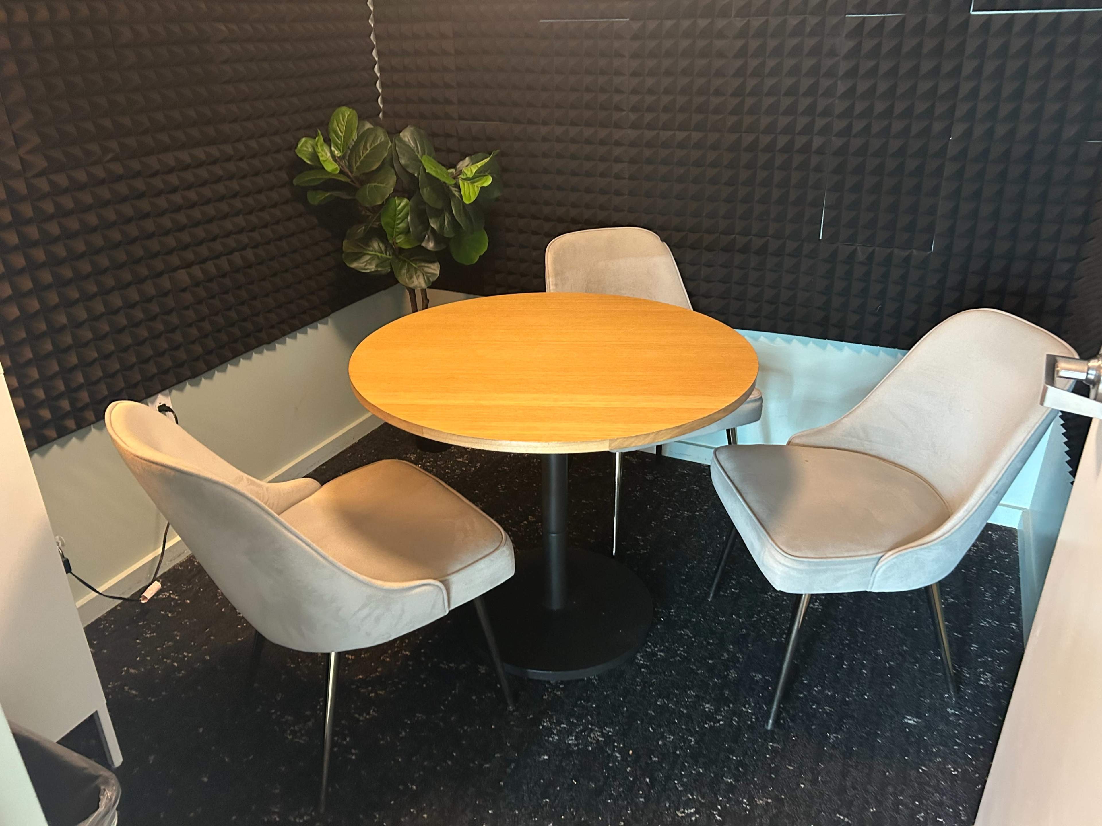 The image shows a small meeting room with a round wooden table surrounded by three light-colored chairs, and a large leafy plant in the corner, all set against textured black acoustic panels.