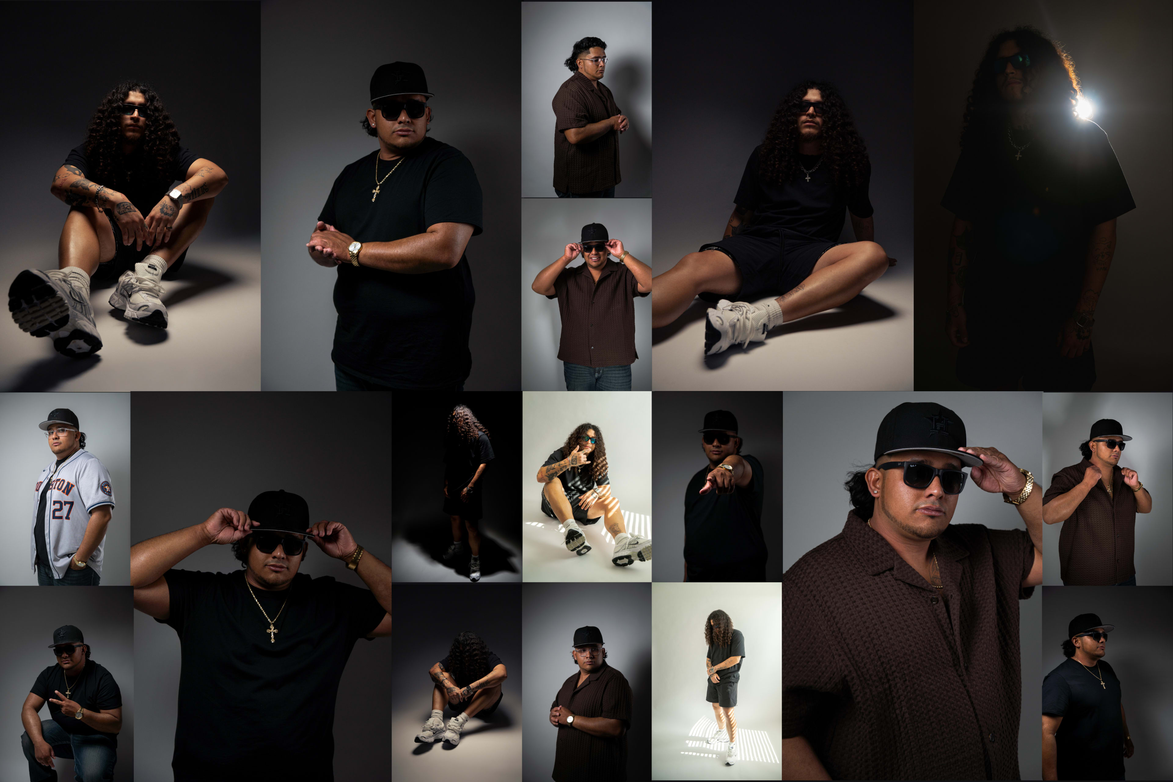 A collage features a man with curly hair, wearing various casual outfits and sunglasses, posed in different positions against a backdrop of neutral tones.