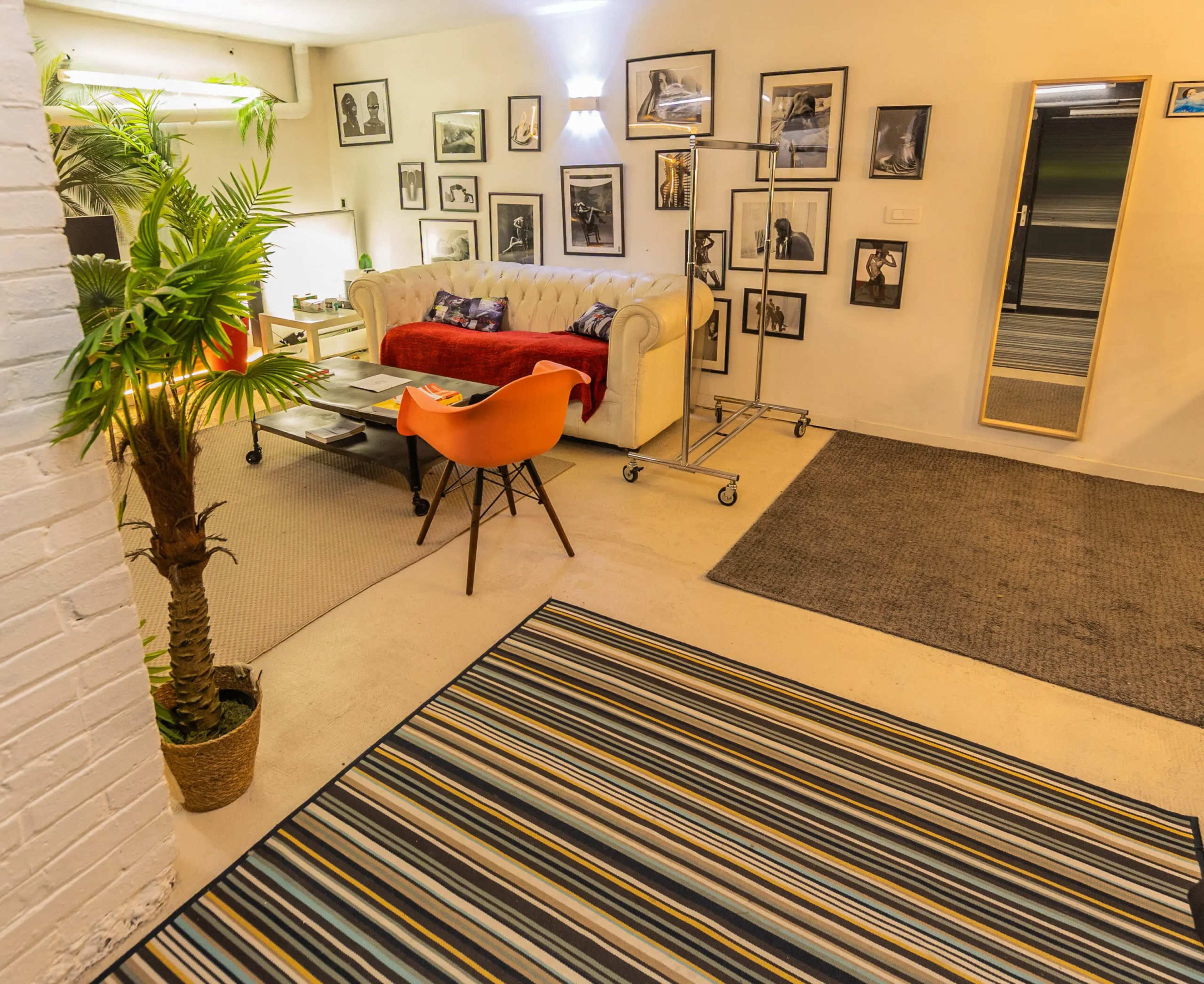 The scene features a stylish living area with a white couch, framed pictures on the walls, and a decorative plant beside a striped rug.