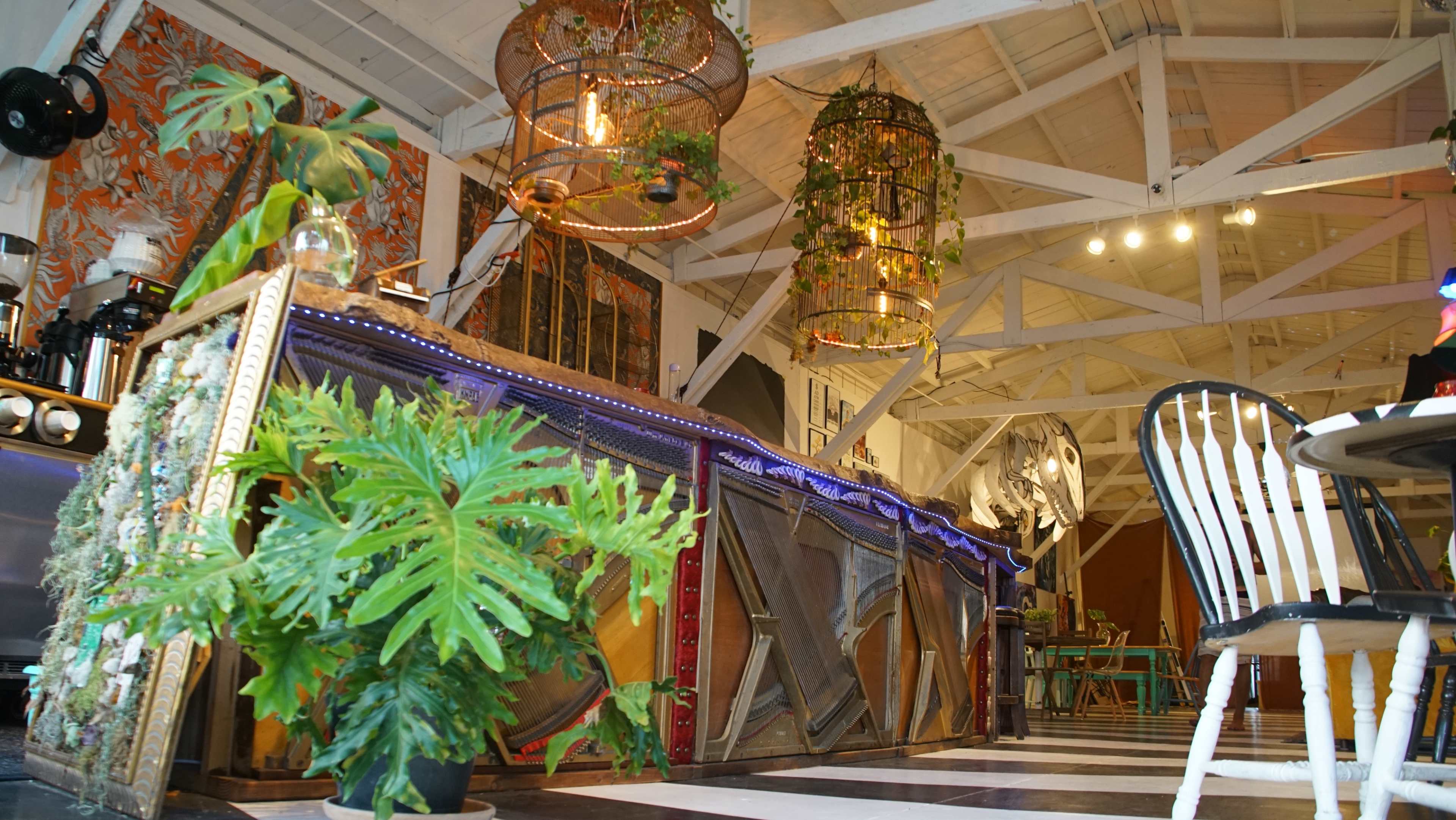 The image shows an interior of a restaurant with a bar counter adorned with plants and pendant lights under a high, wooden ceiling.