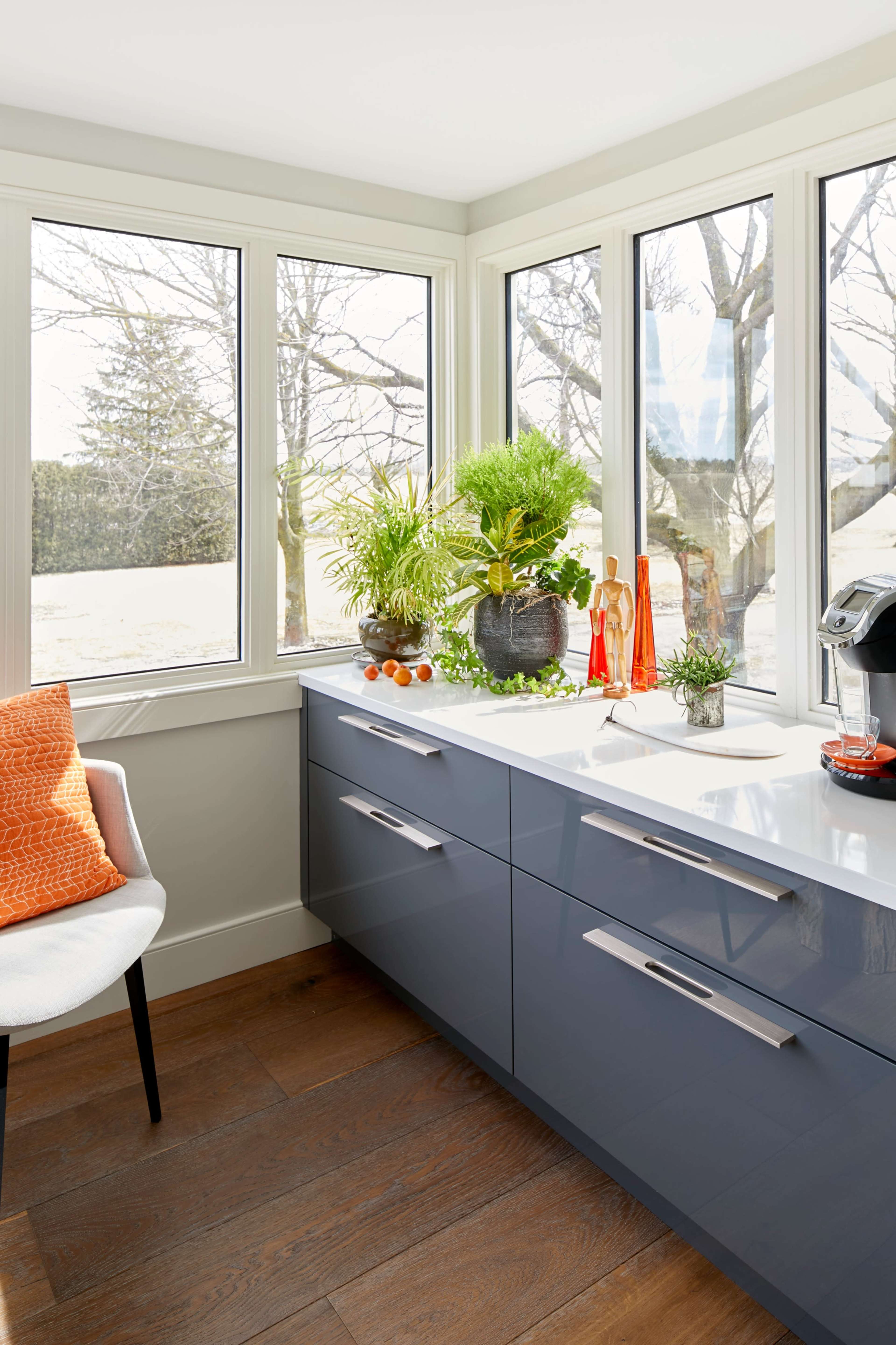 A modern kitchen features a sleek, navy blue countertop with potted plants and decorative items, illuminated by large windows that provide natural light.