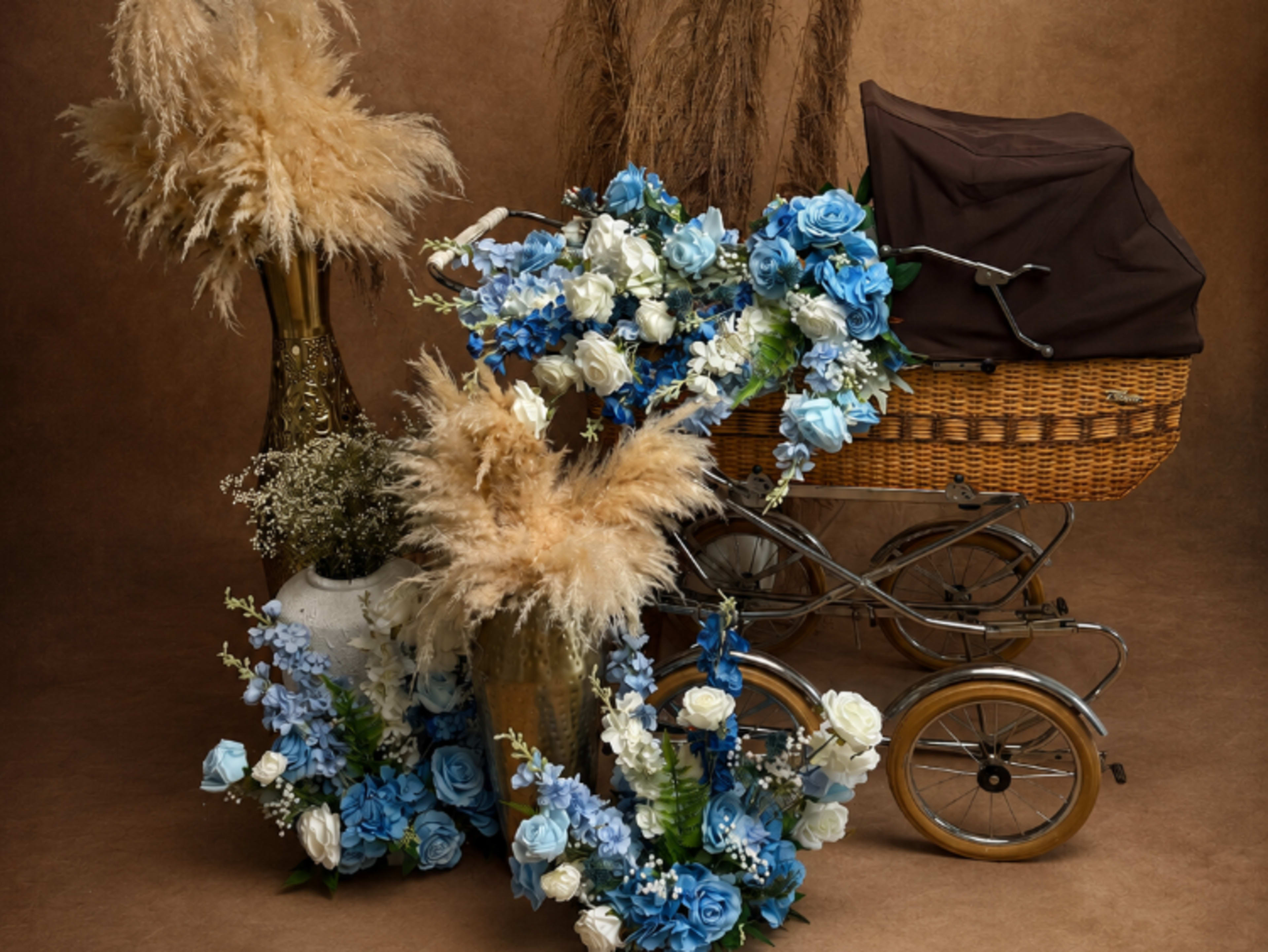 Vintage Baby Stroller- Brown w/ Blue Flowers