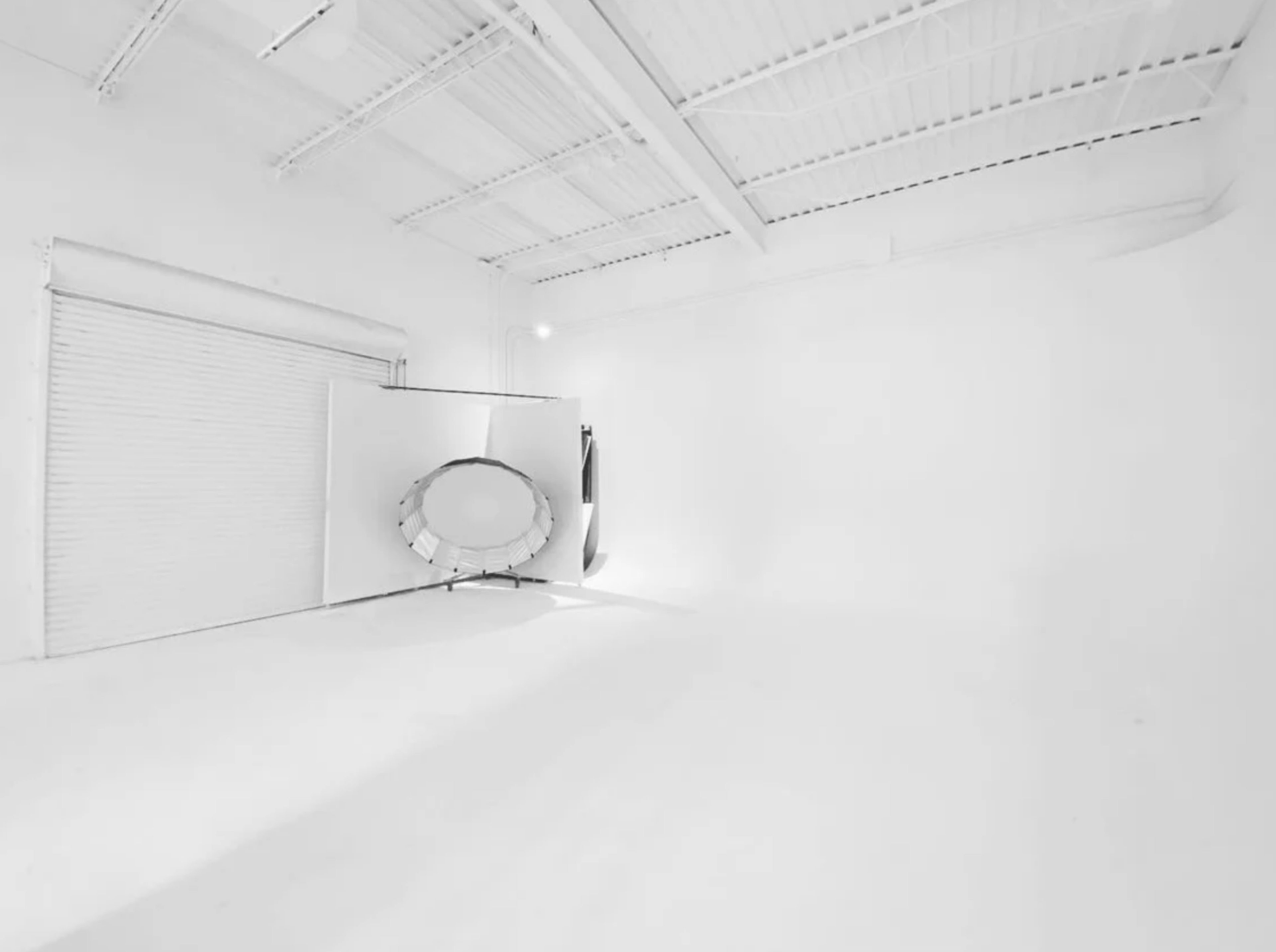 An empty white room with a large mirror and a garage-style door on one wall.