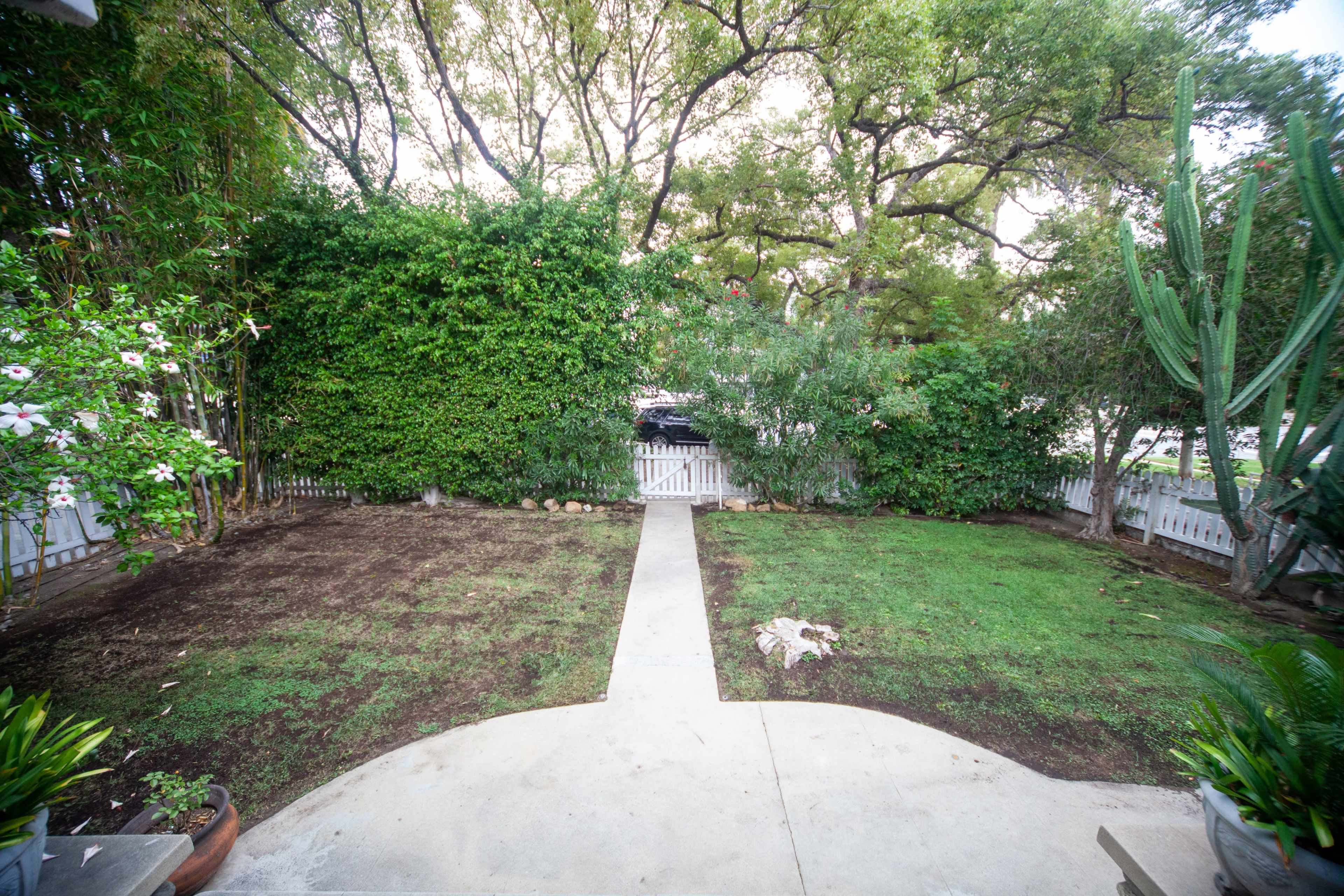 A backyard with a concrete path leading from a patio to a grassy area bordered by dense greenery.