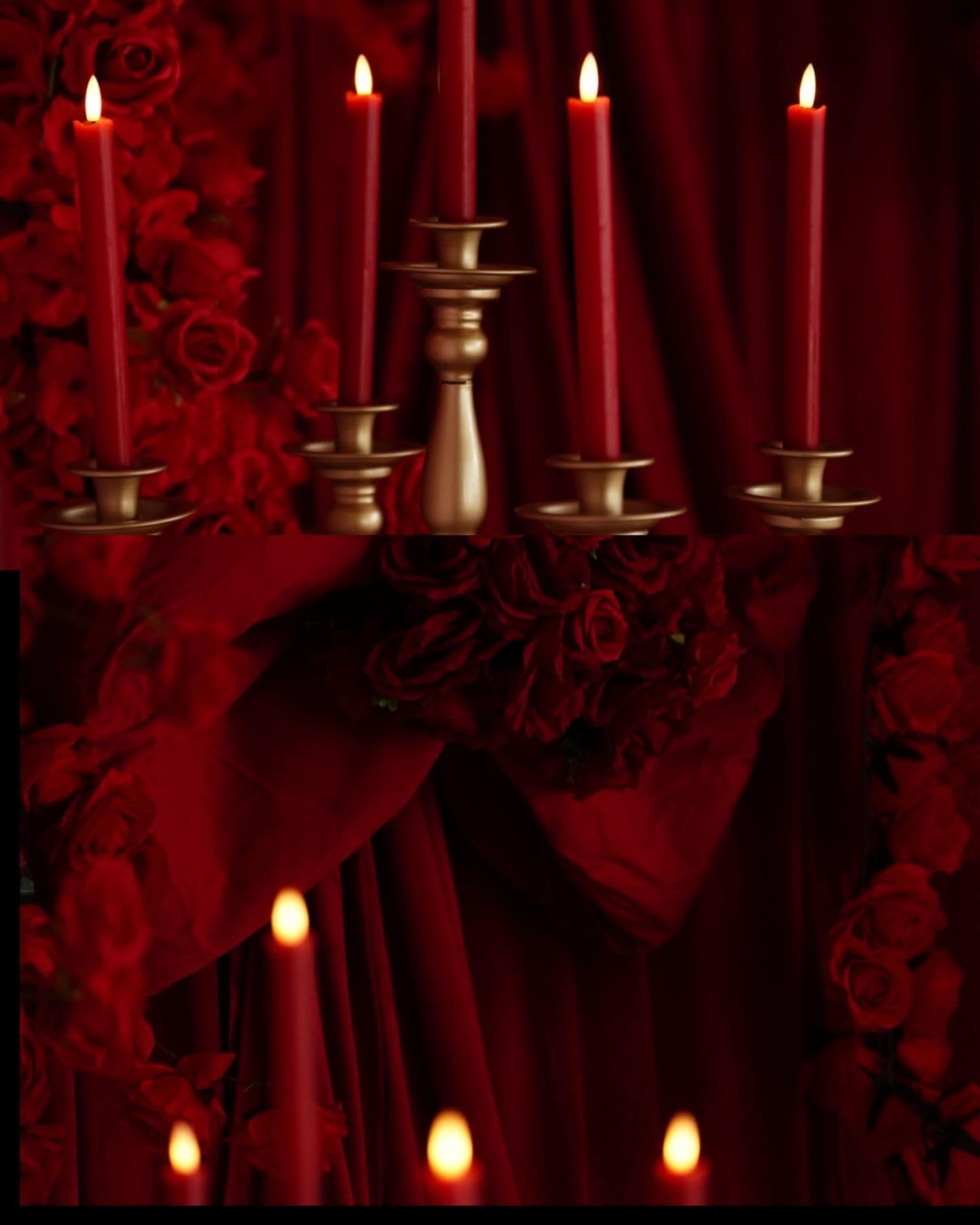 The image features a collection of red candles arranged around red flowers against a crimson backdrop.