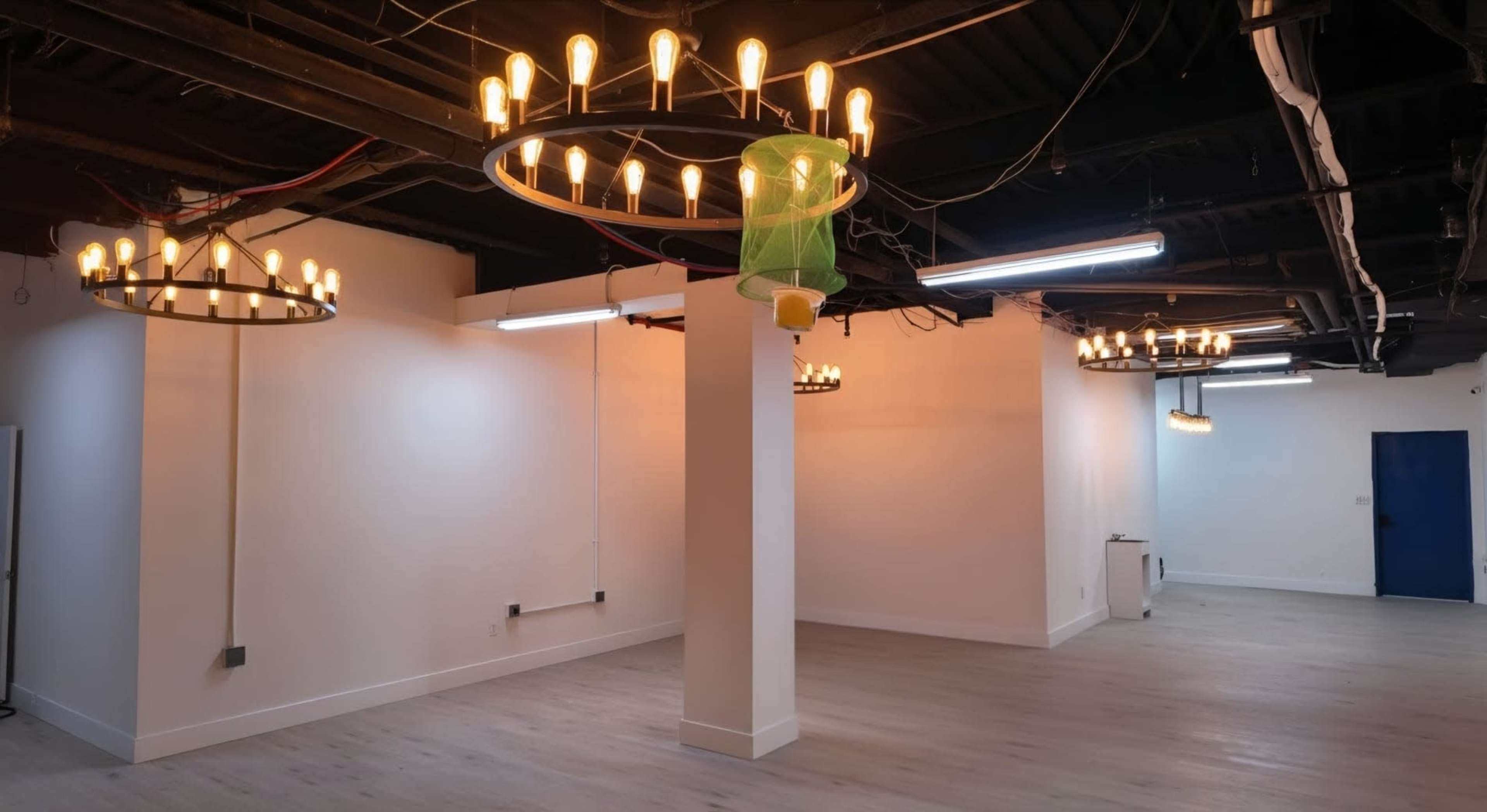 The image shows a spacious, well-lit room with multiple circular chandeliers hanging from the ceiling, and a lone column in the center.
