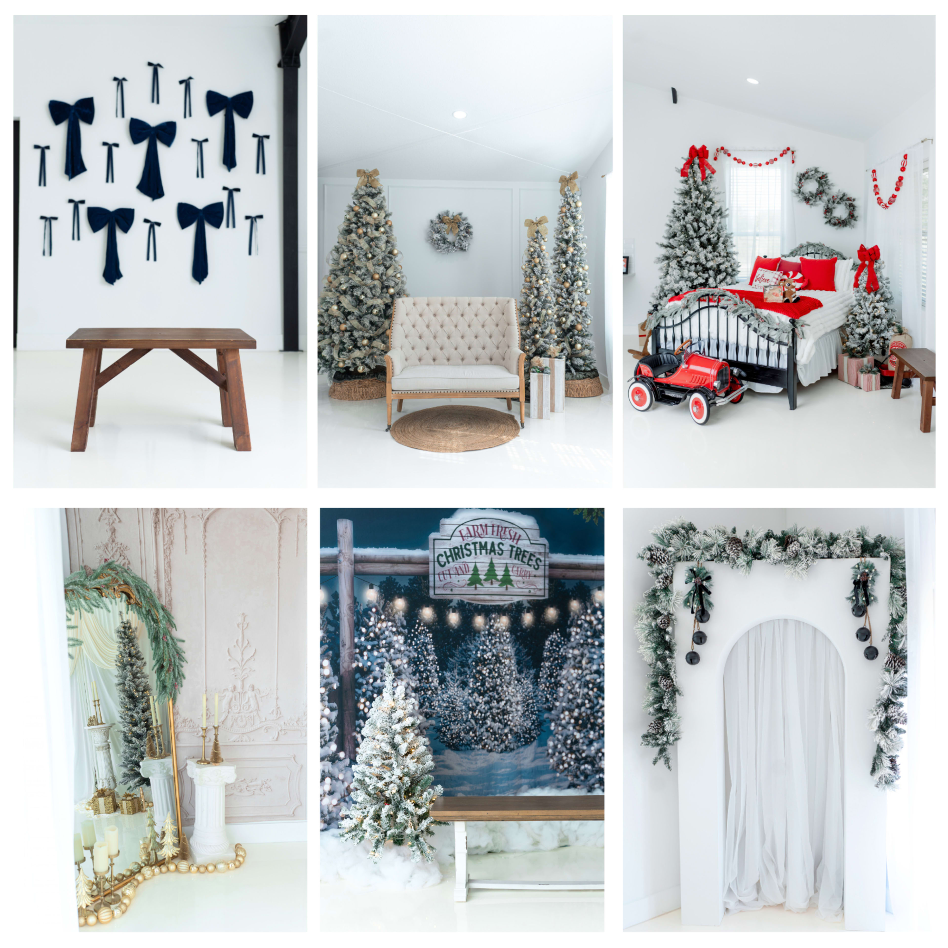 The image features a split-layout with various festive scenes, including a decorated living room with Christmas trees, a cozy seating area, a child's bedroom adorned for the holidays, and a backdrop for photo opportunities.