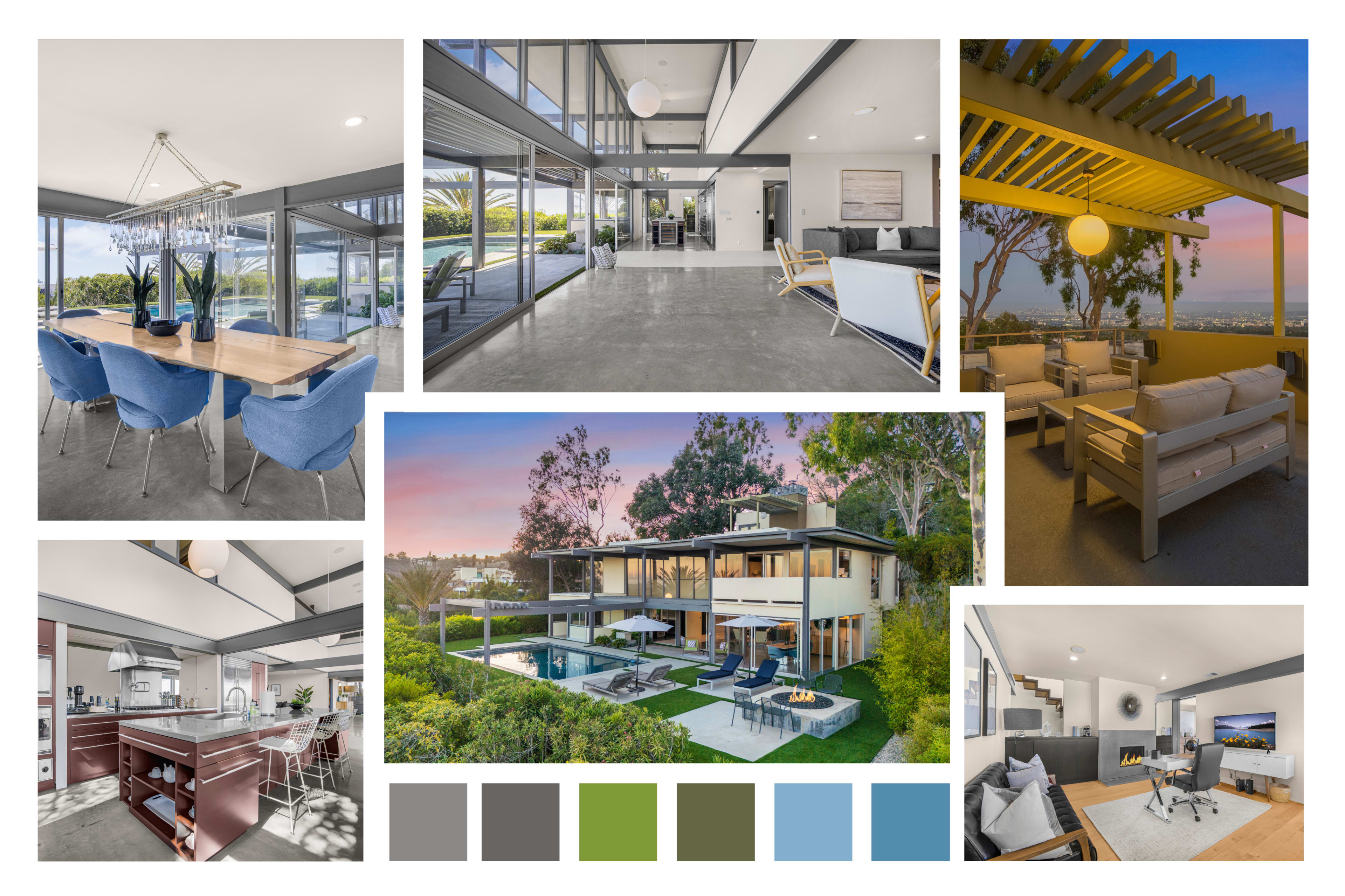 The image showcases a modern home with large glass windows, stylish furnishings, and an outdoor pool area surrounded by lush greenery.