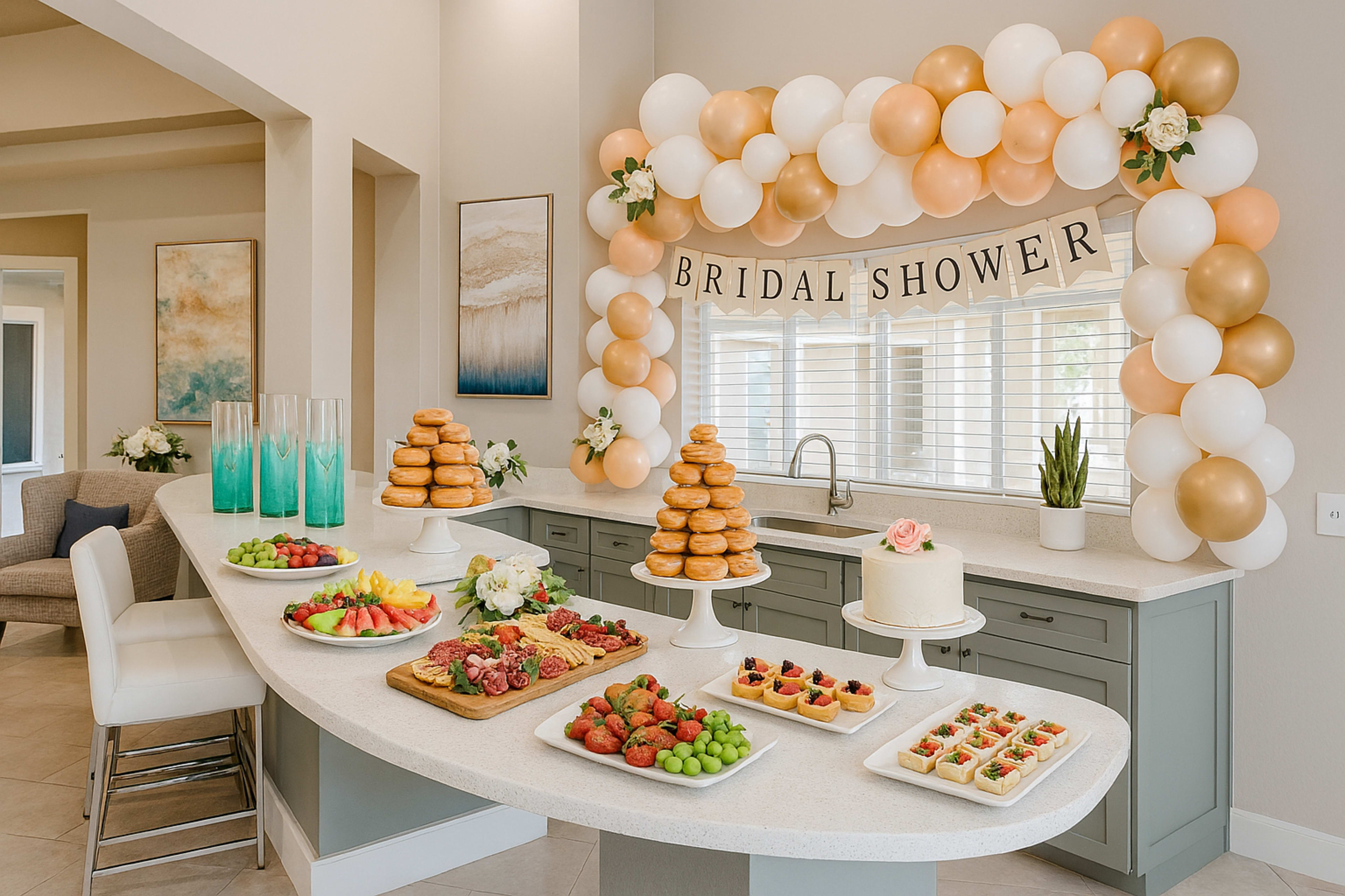 The image features a beautifully arranged bridal shower celebration table with a variety of food, including fruit platters, dessert items, and a decorative backdrop of balloons and a banner.