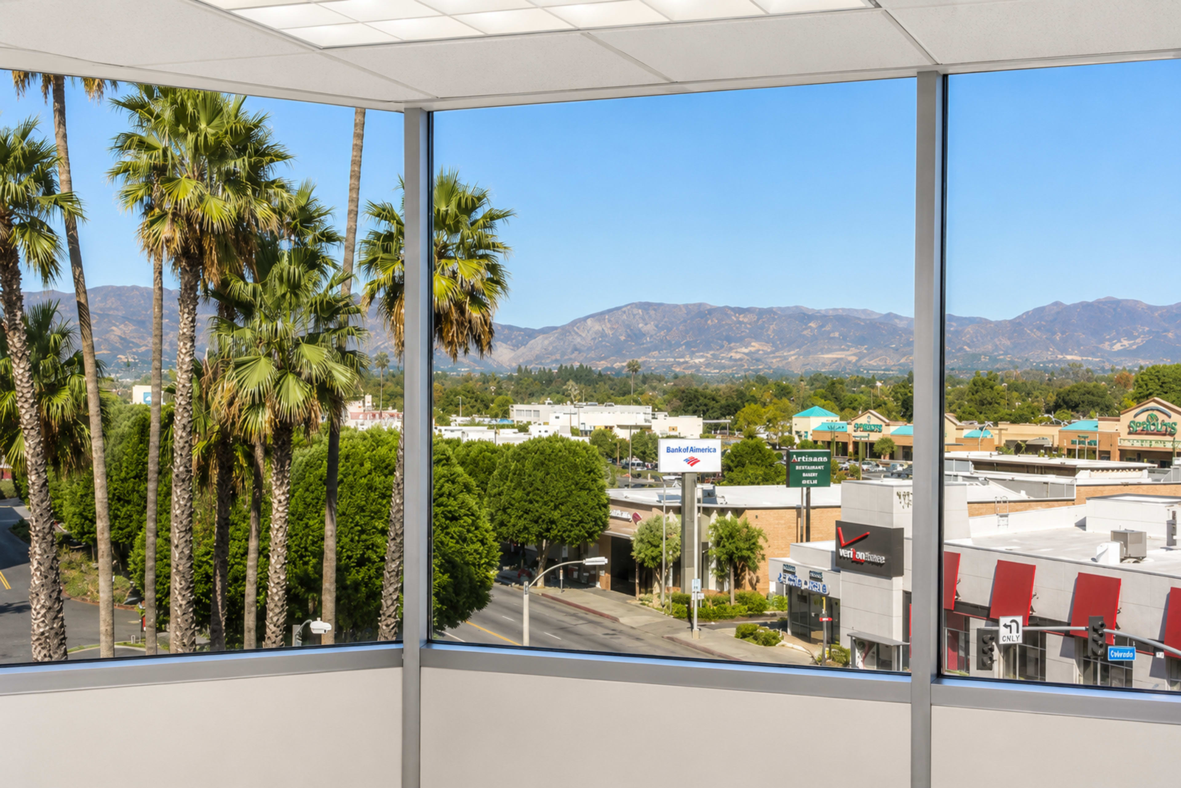 The image shows a view from a window overlooking palm trees, storefronts, and mountains in the background.