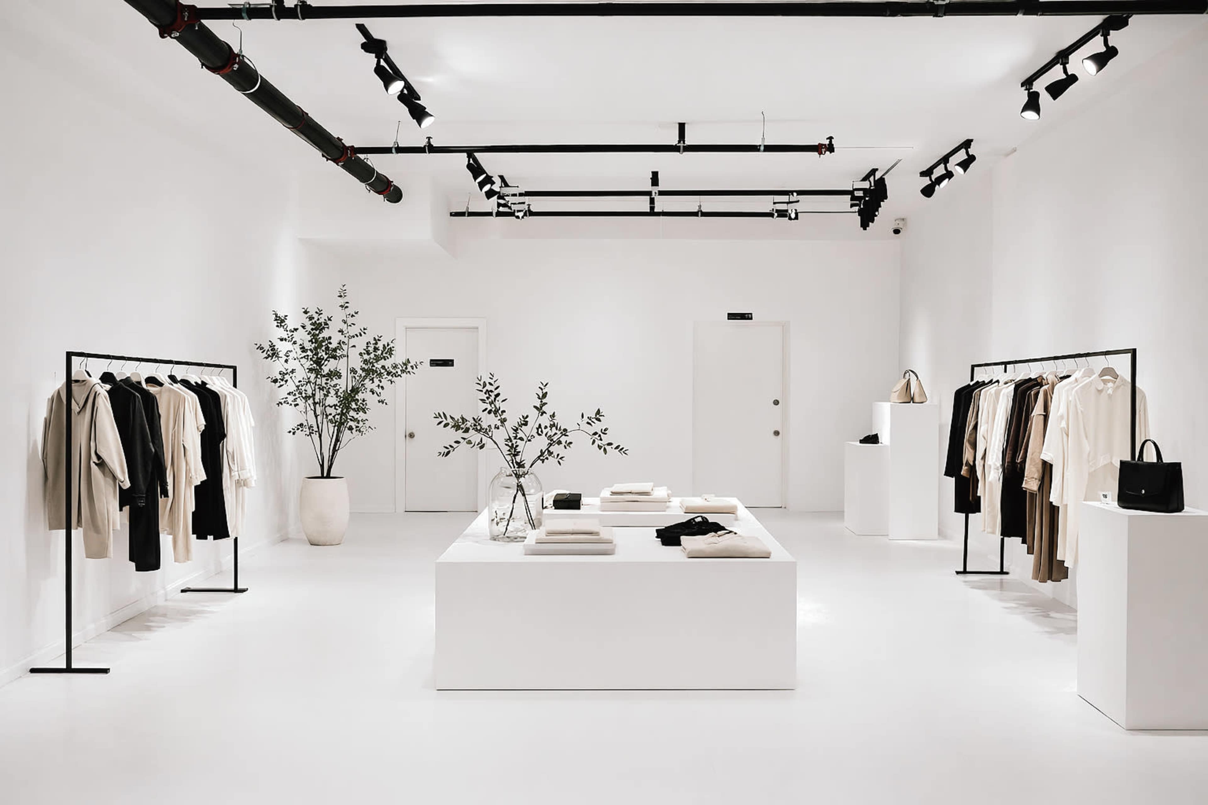 The image depicts a minimalist clothing store with light-colored garments displayed on racks and a central white table showcasing folded items.