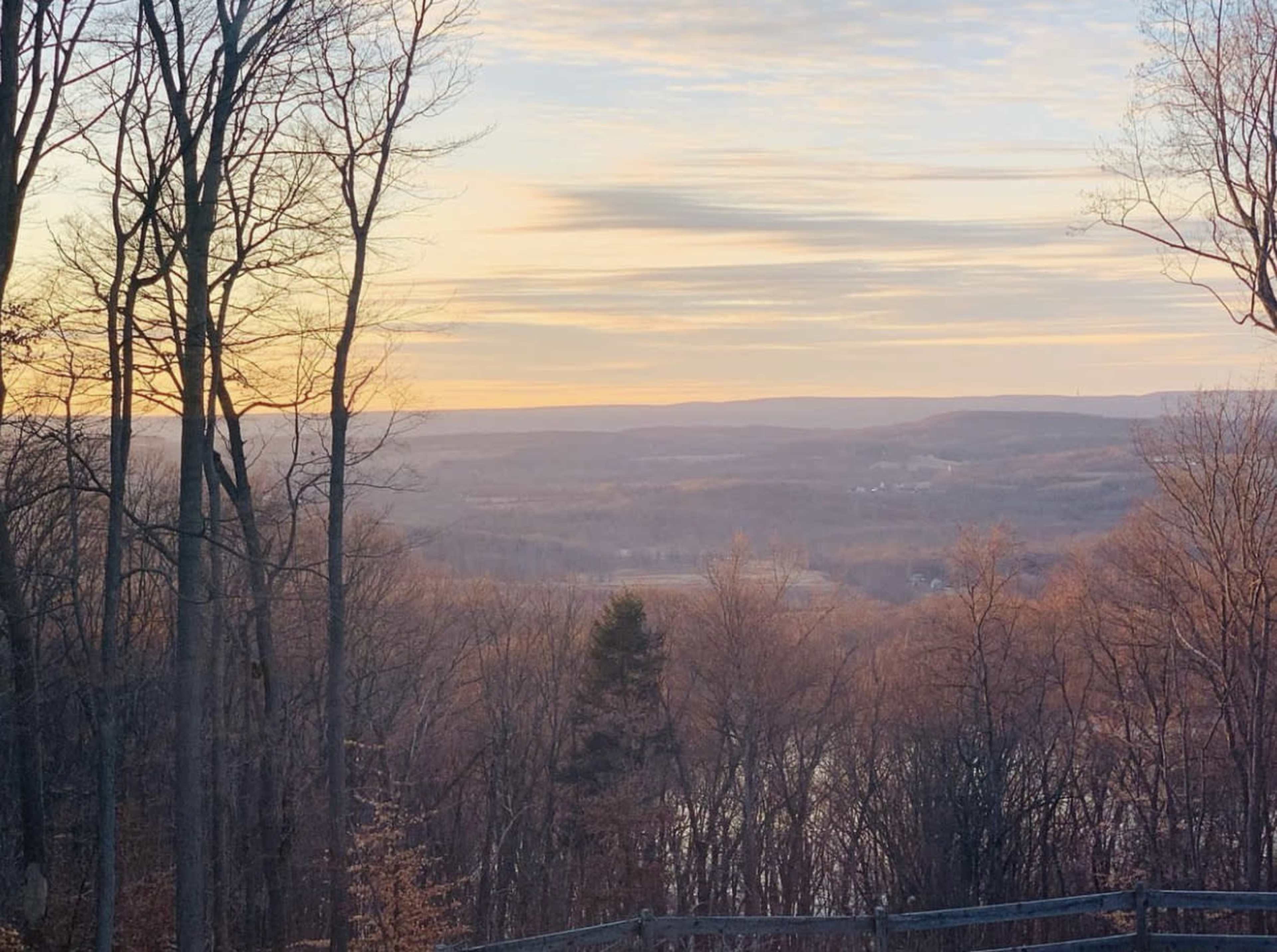 A view of a landscape with trees in the foreground and rolling hills under a colorful sky at dusk.