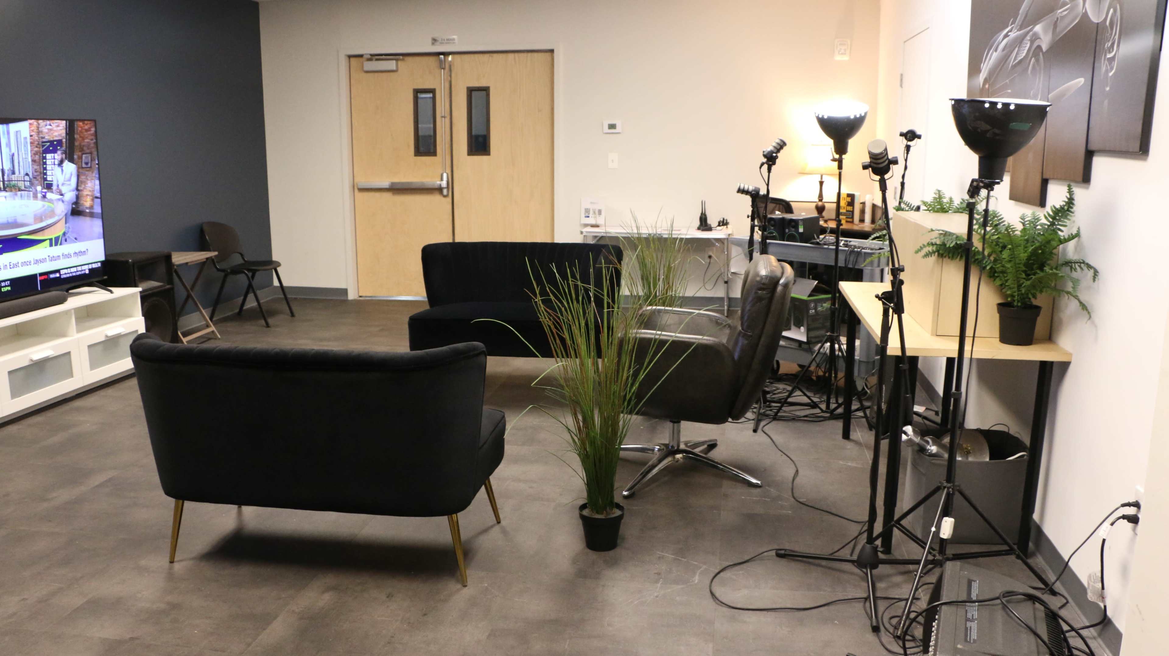 The image shows a modern room with two couches, a TV, a table with studio lights, and potted plants.