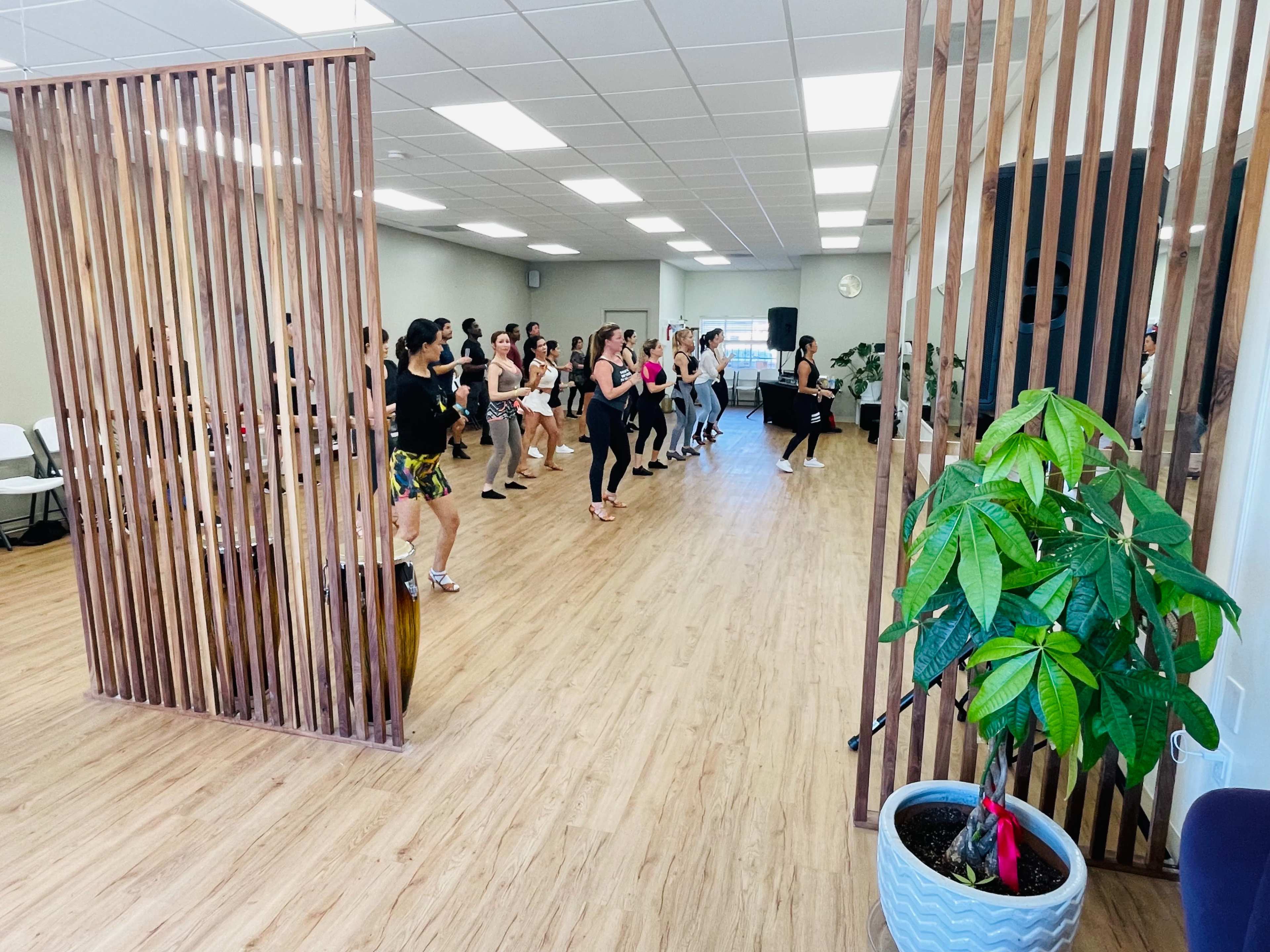 A group of people is participating in a dance class in a spacious studio with wooden flooring and partitioning.