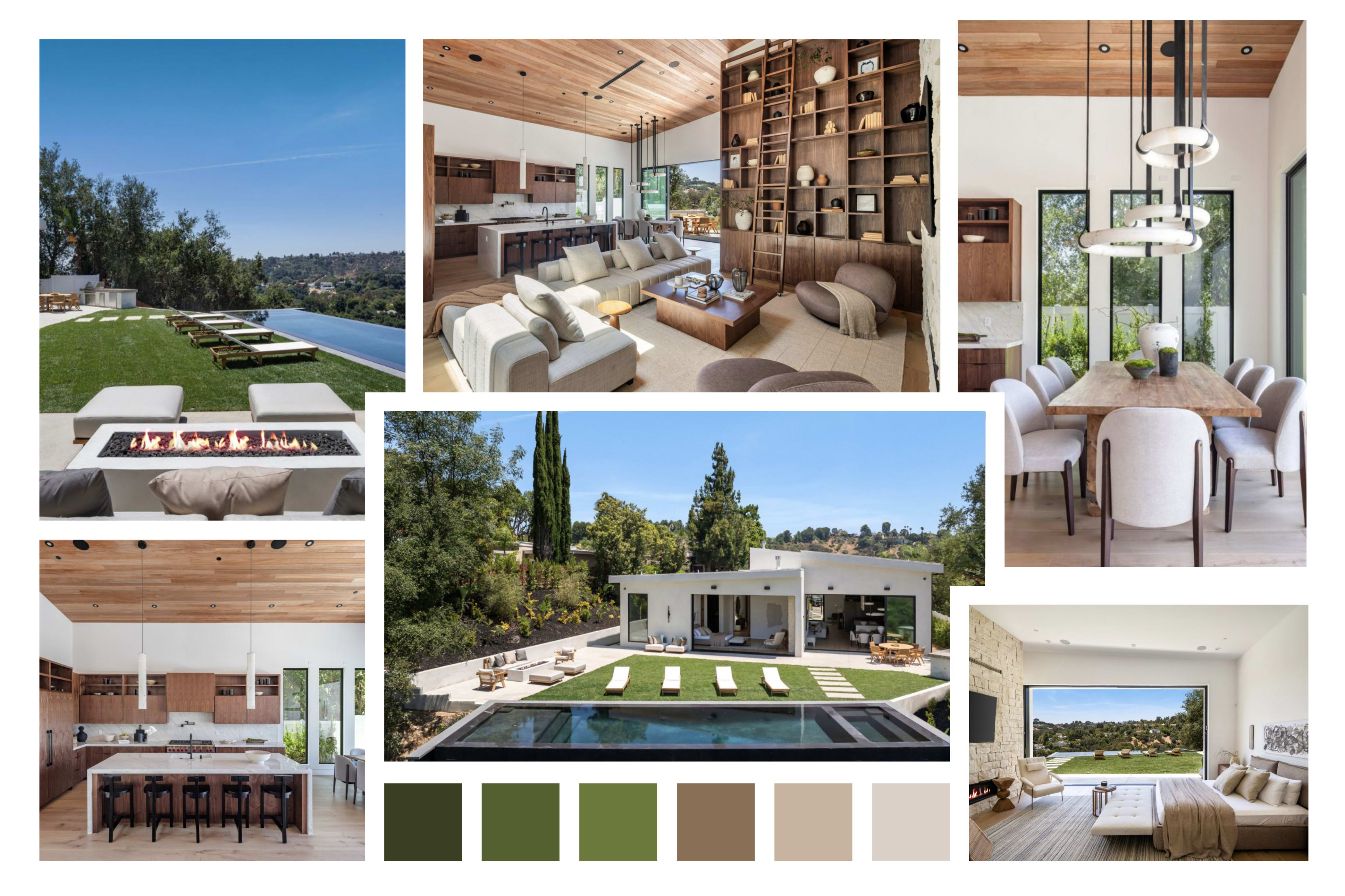 The image showcases a modern home featuring an open floor plan with a spacious living area, dining area, and kitchen, surrounded by large windows that offer views of the outdoors and a swimming pool area.