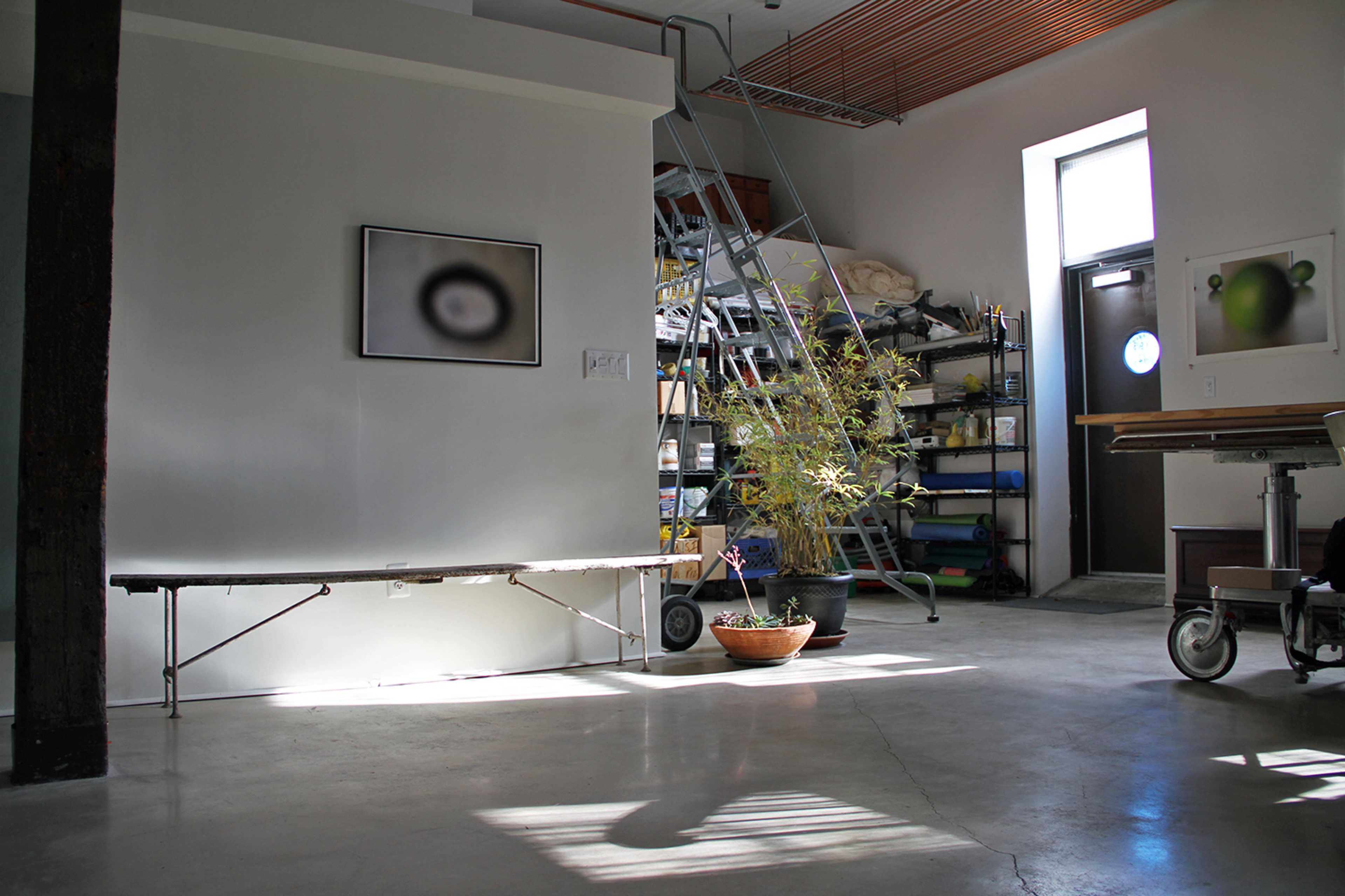 A spacious interior features a concrete floor, a ladder against a wall, and a potted plant on a ledge near a doorway.