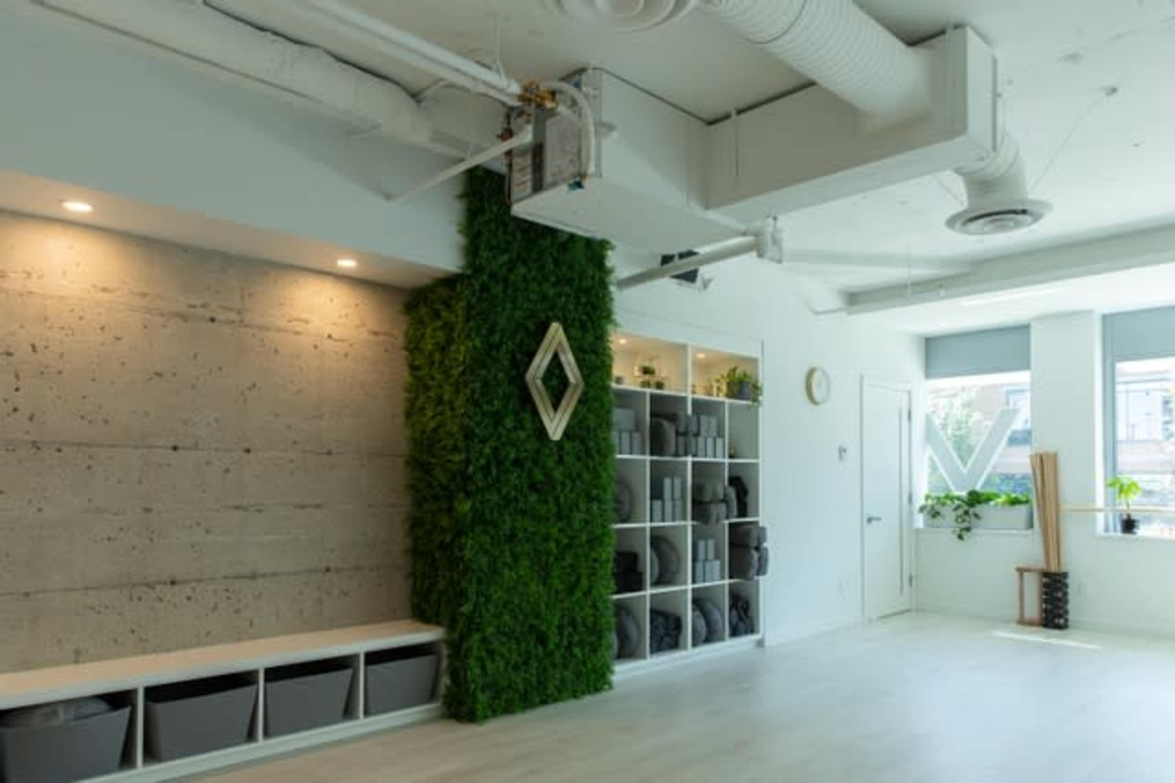 The image shows a modern indoor space featuring a green wall, neatly arranged shelves with gray storage bins, and large windows with plants.
