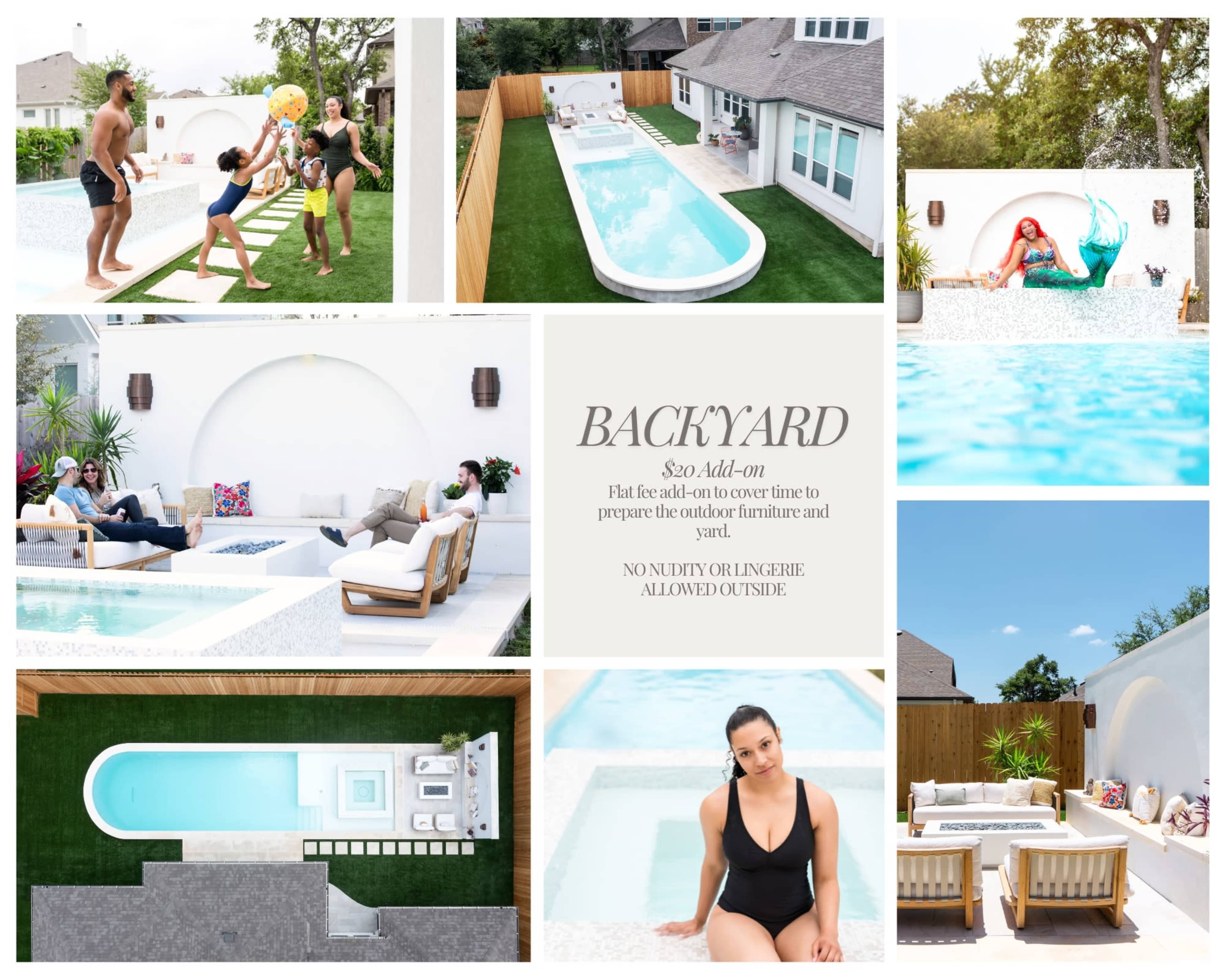 The image features a backyard setting with a swimming pool, lounging chairs, and a vibrant outdoor atmosphere, showcasing people engaging in various activities around the pool area.