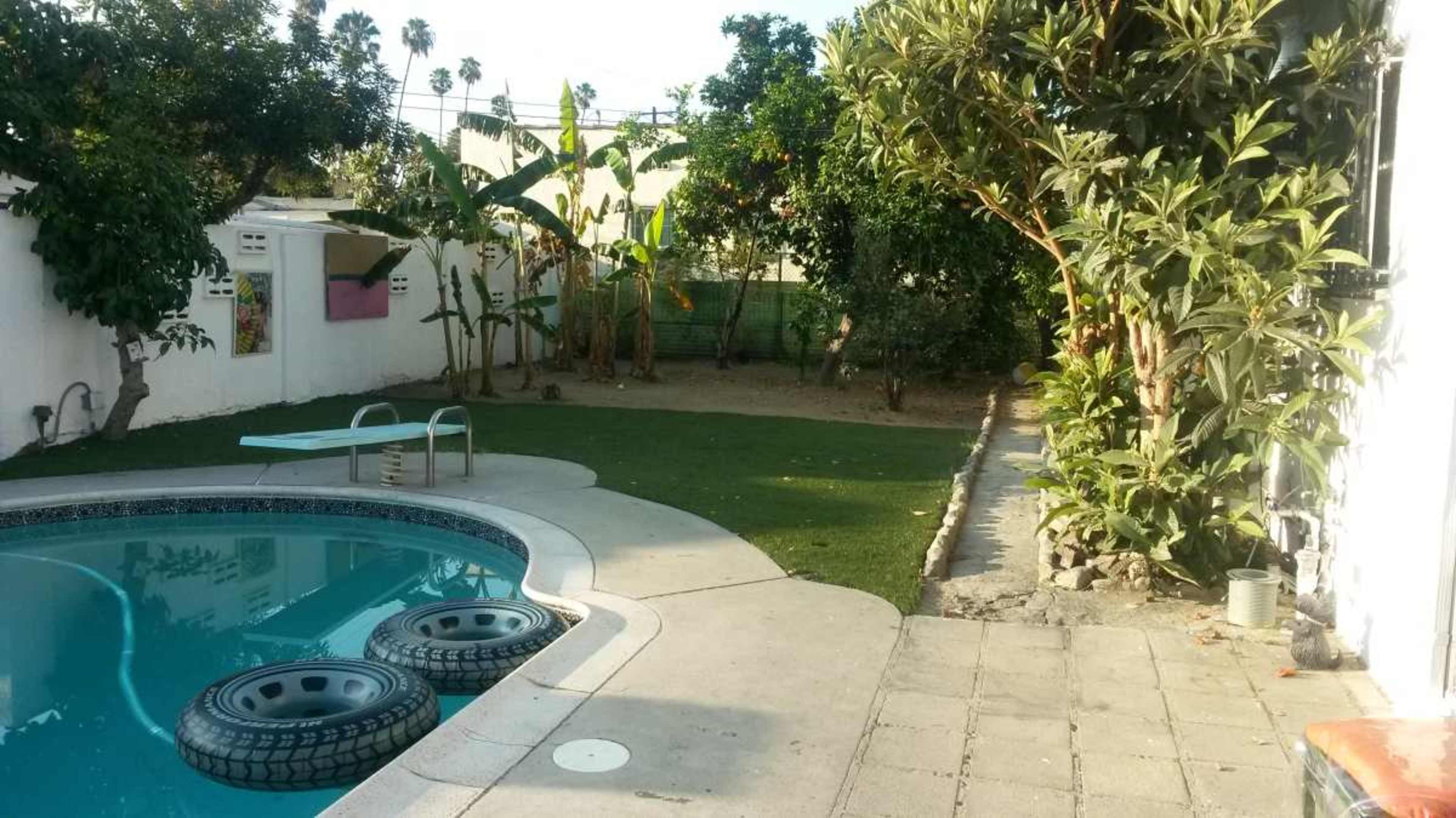 The image shows a backyard with a swimming pool featuring two tires placed at the bottom, surrounded by greenery and a landscaped area.
