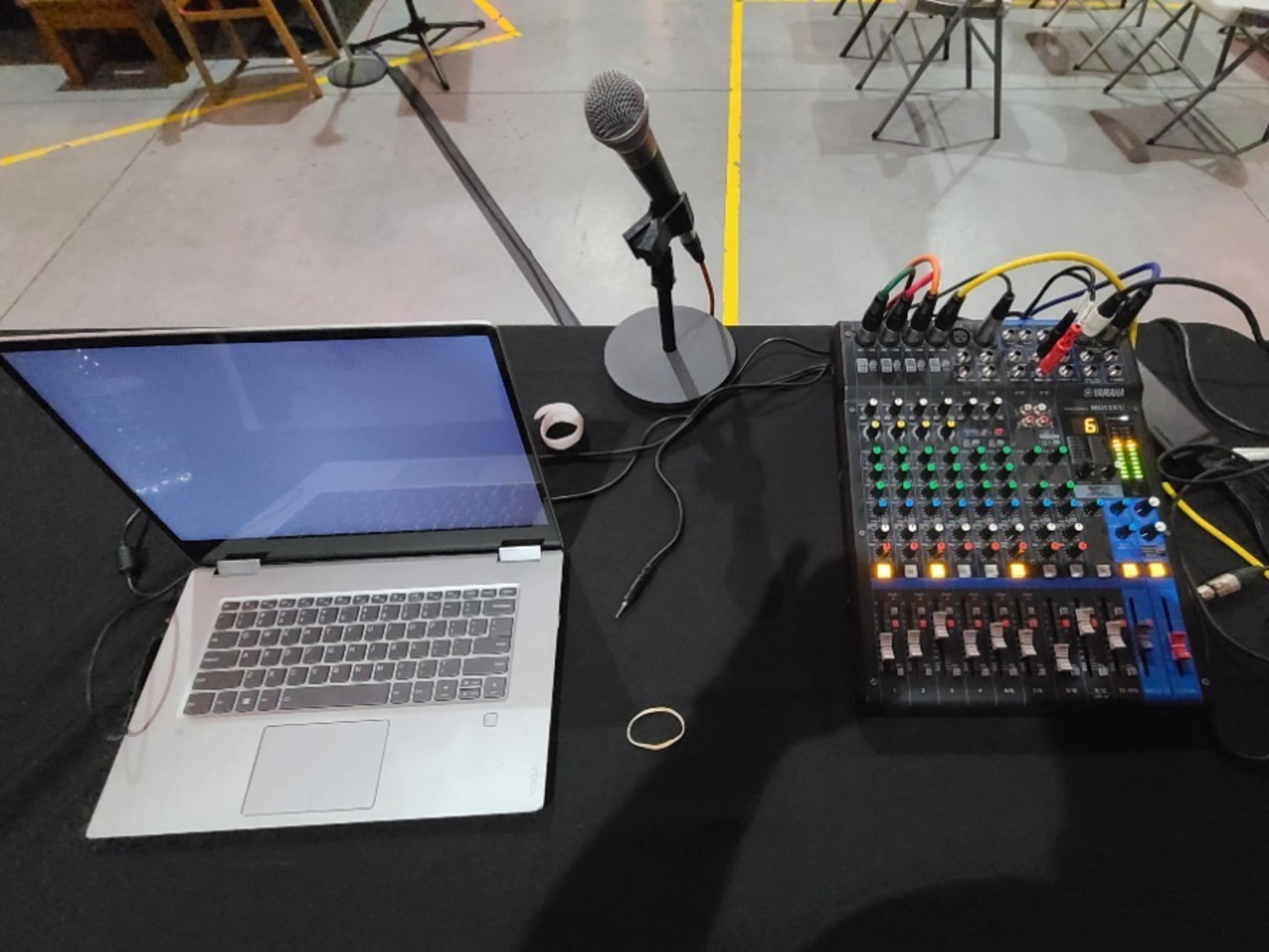 12 channel mixer board, computer and 4 speakers