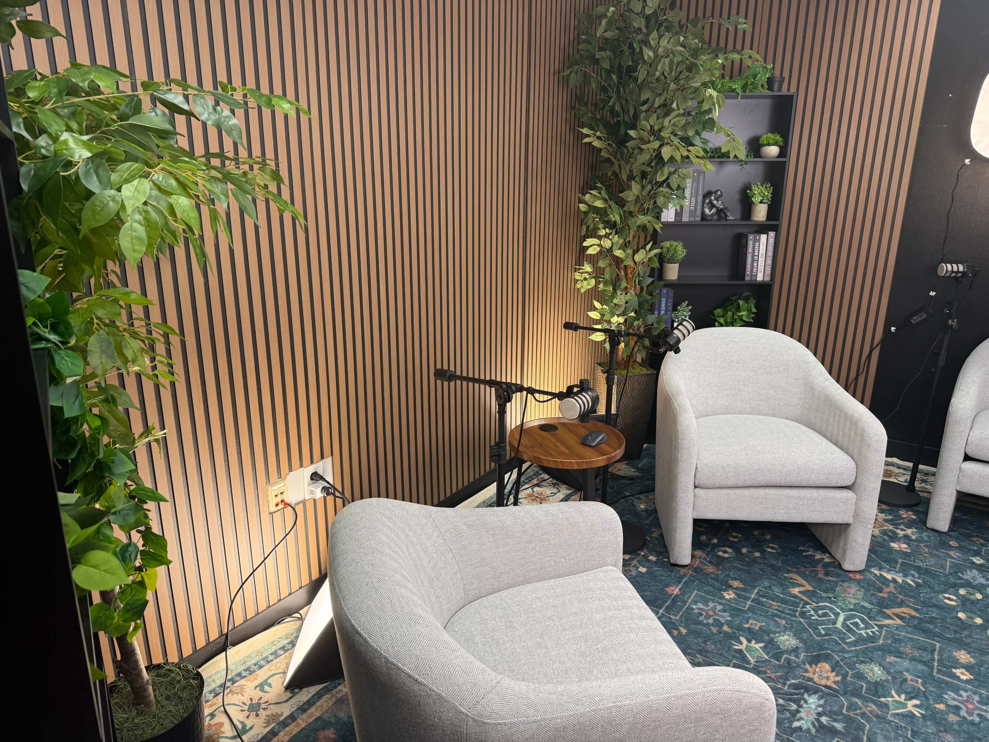 The image shows a small, modern recording studio with two gray chairs, a wooden side table, plants, and a wall featuring vertical wooden panels.