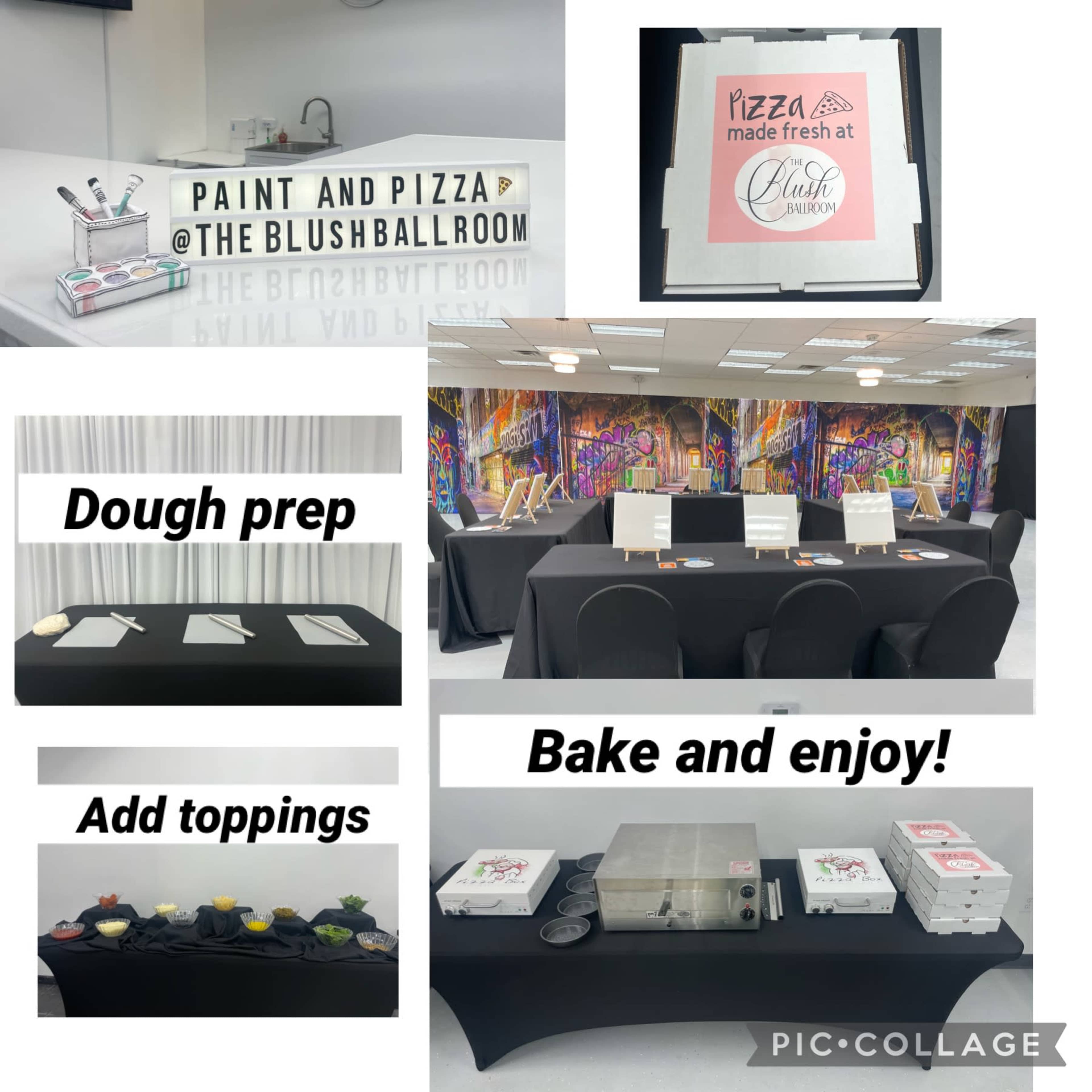 The image shows a pizza and painting event setup with tables arranged for dough preparation, topping addition, and a baking station at the Blush Ballroom.