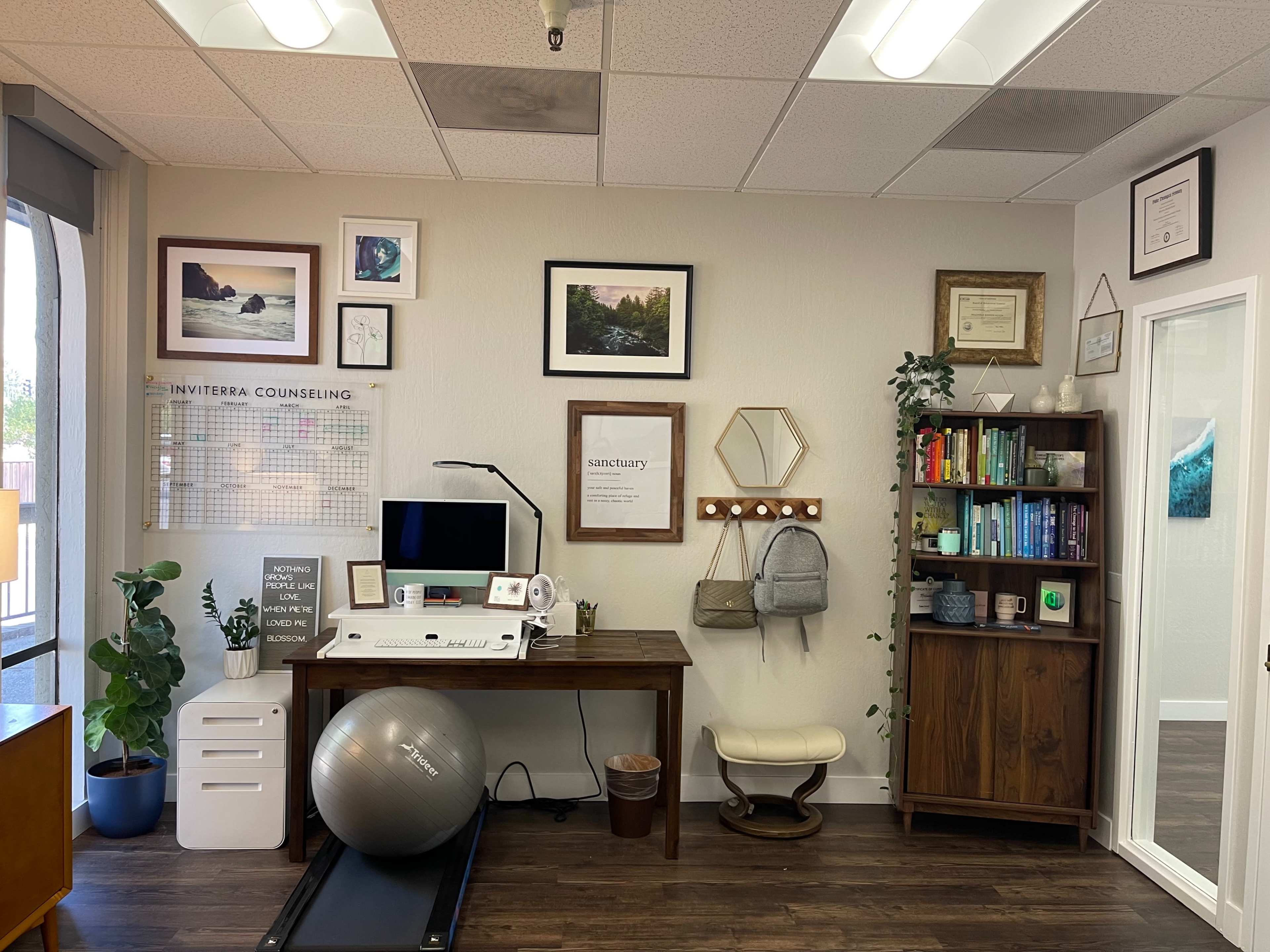 A counseling office with a desk, a large exercise ball, framed artwork on the walls, a calendar, and a bookshelf filled with books and plants.