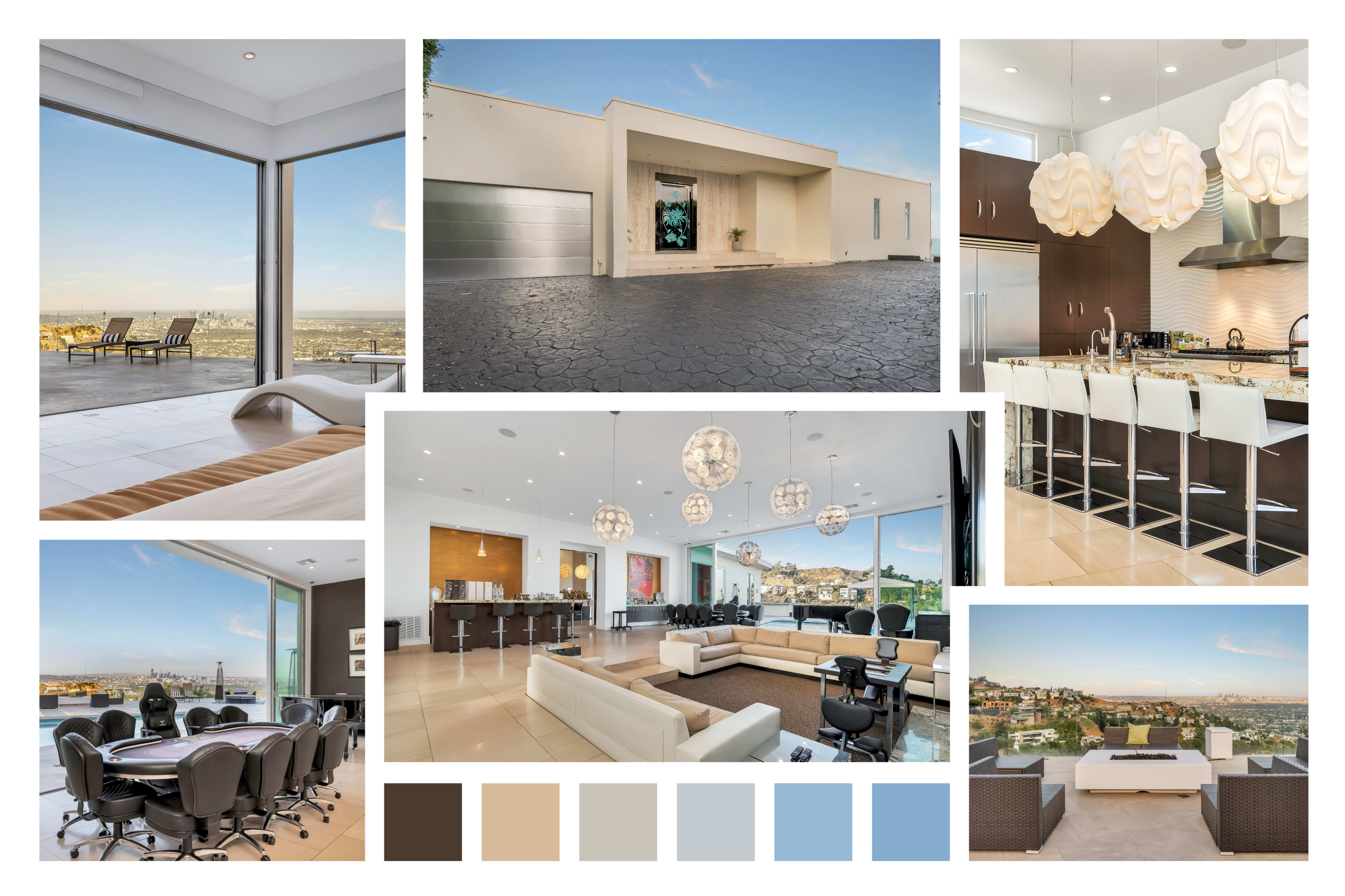 The image showcases various views of a modern luxury home featuring spacious interiors, large windows, and stylish furnishings, highlighted by a panoramic landscape.