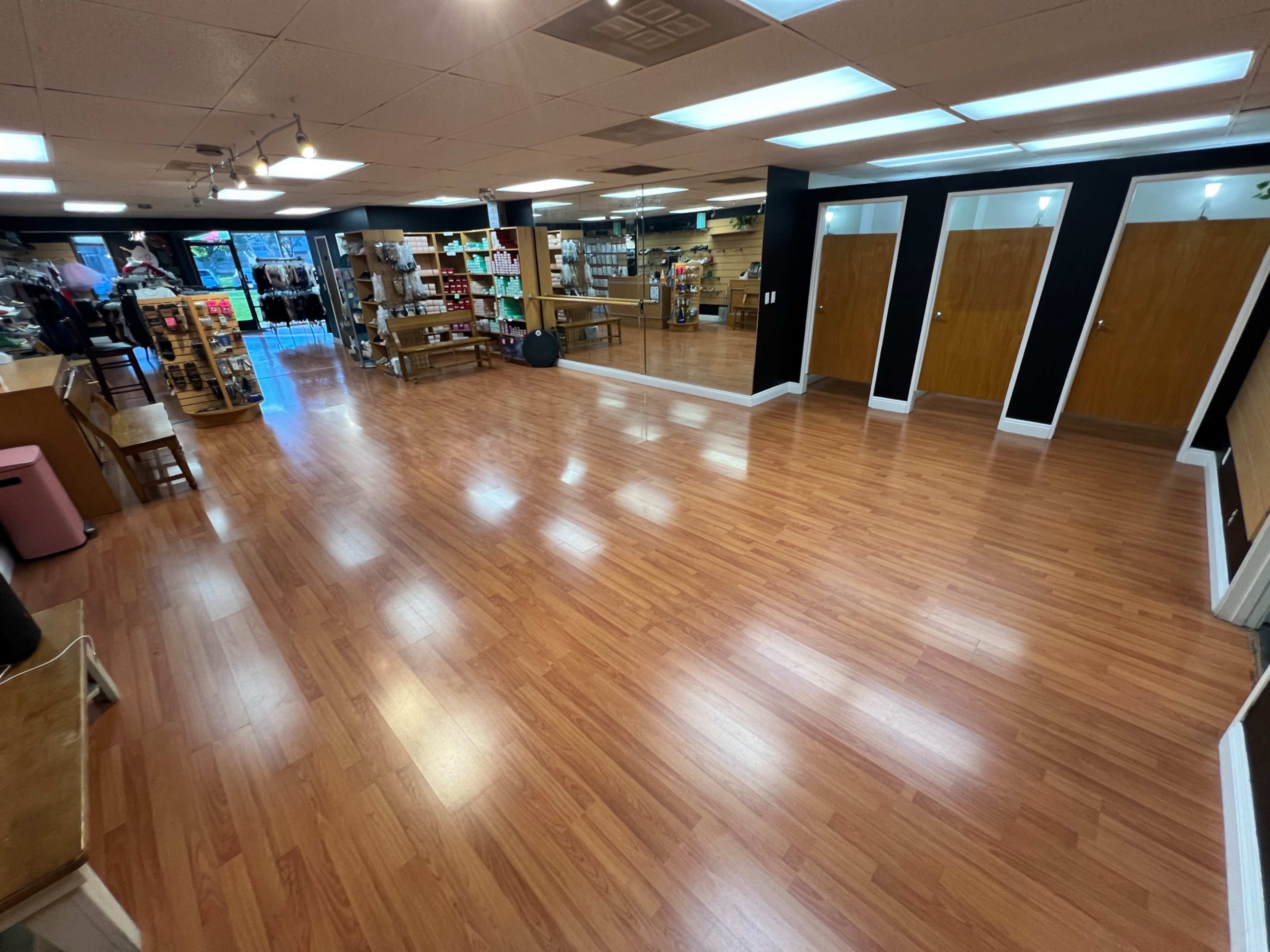 Intimate dance studio or photoshoot space at the back of Atomic Dancewear Store Image in Irvine Business Complex, Irvine, CA