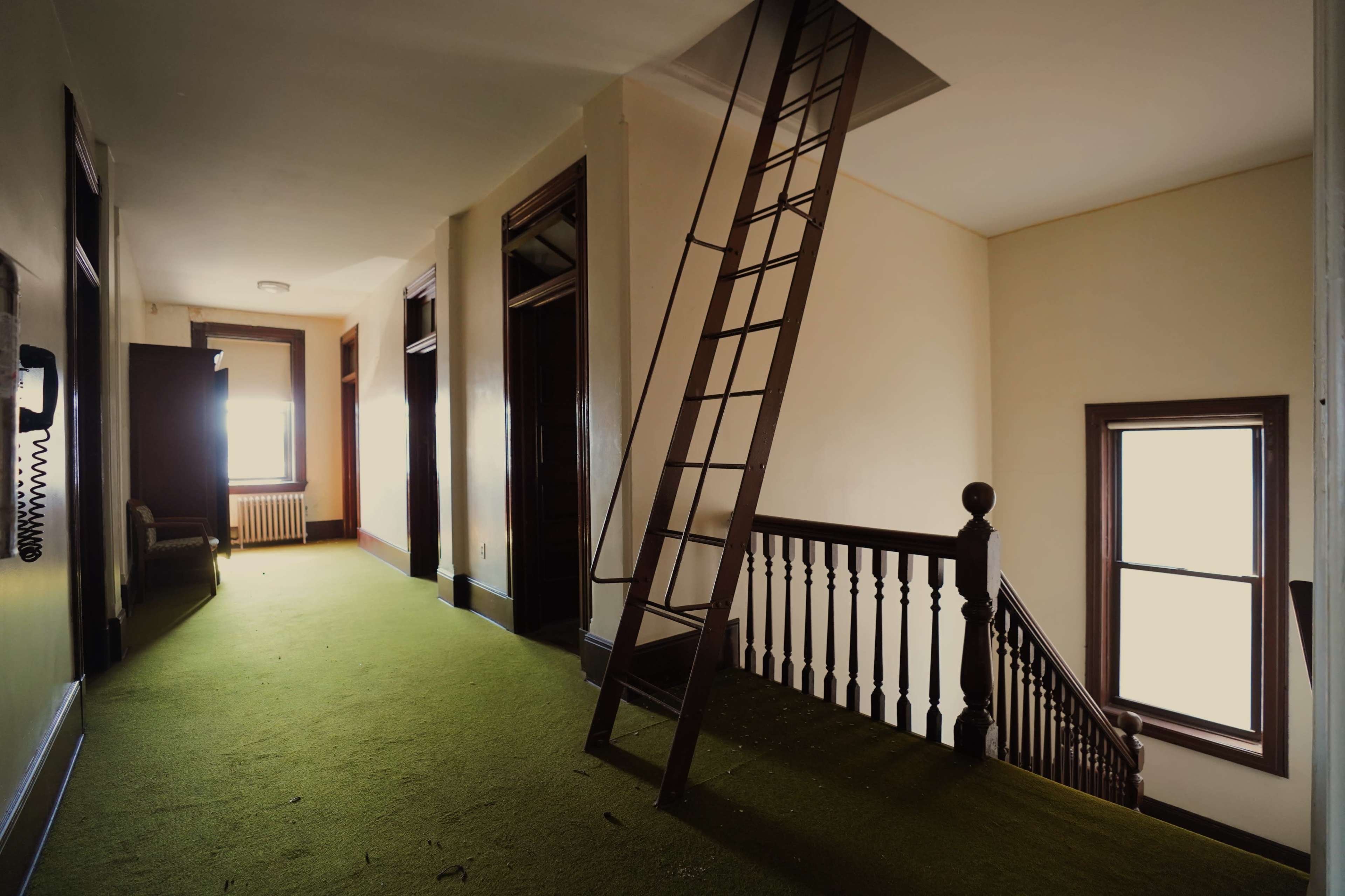 A long hallway with green carpeting, featuring a wooden staircase and a ladder leading to an upper level.