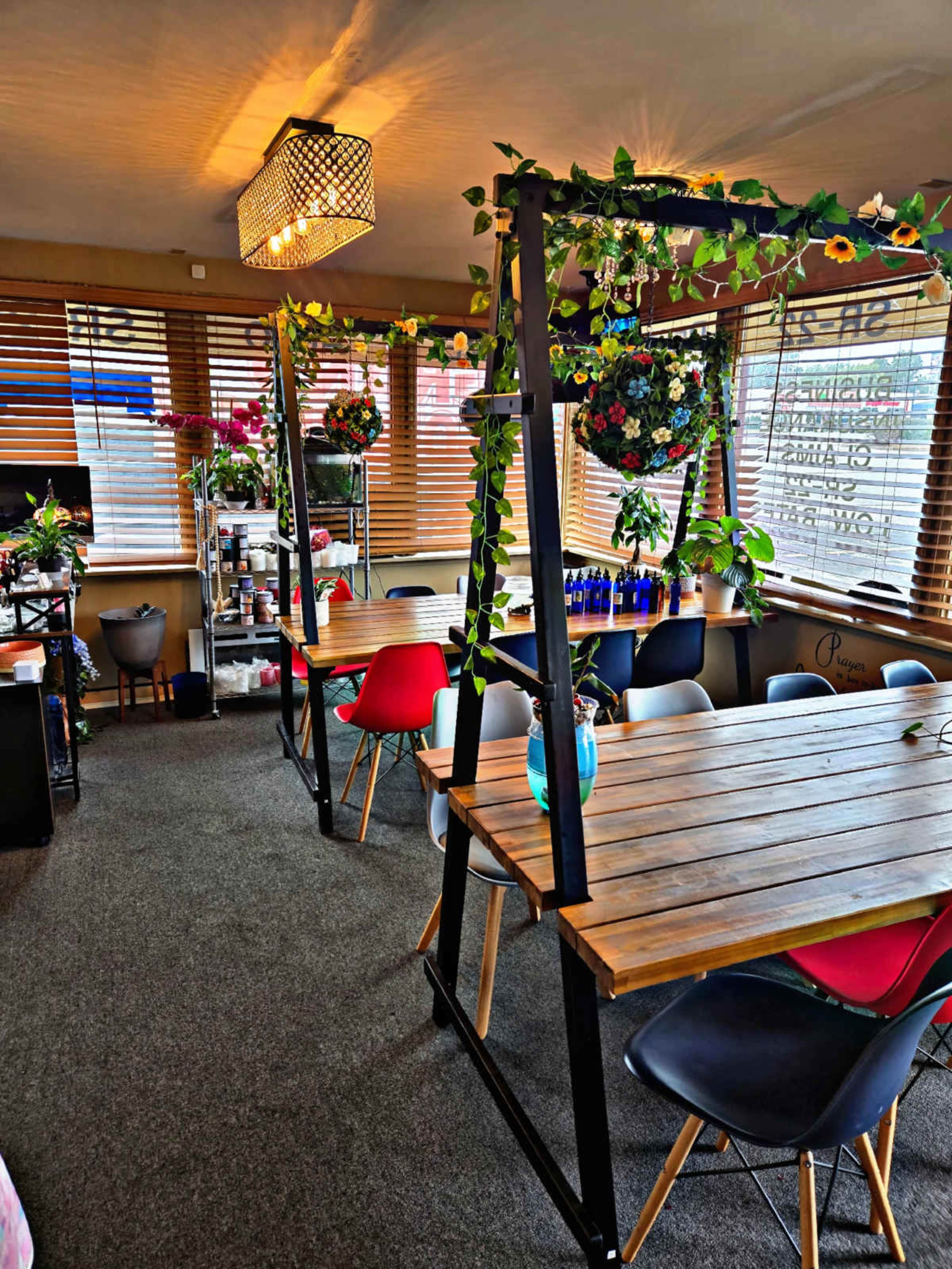 The image showcases a cozy interior with several wooden tables surrounded by colorful chairs and decorative hanging plants.