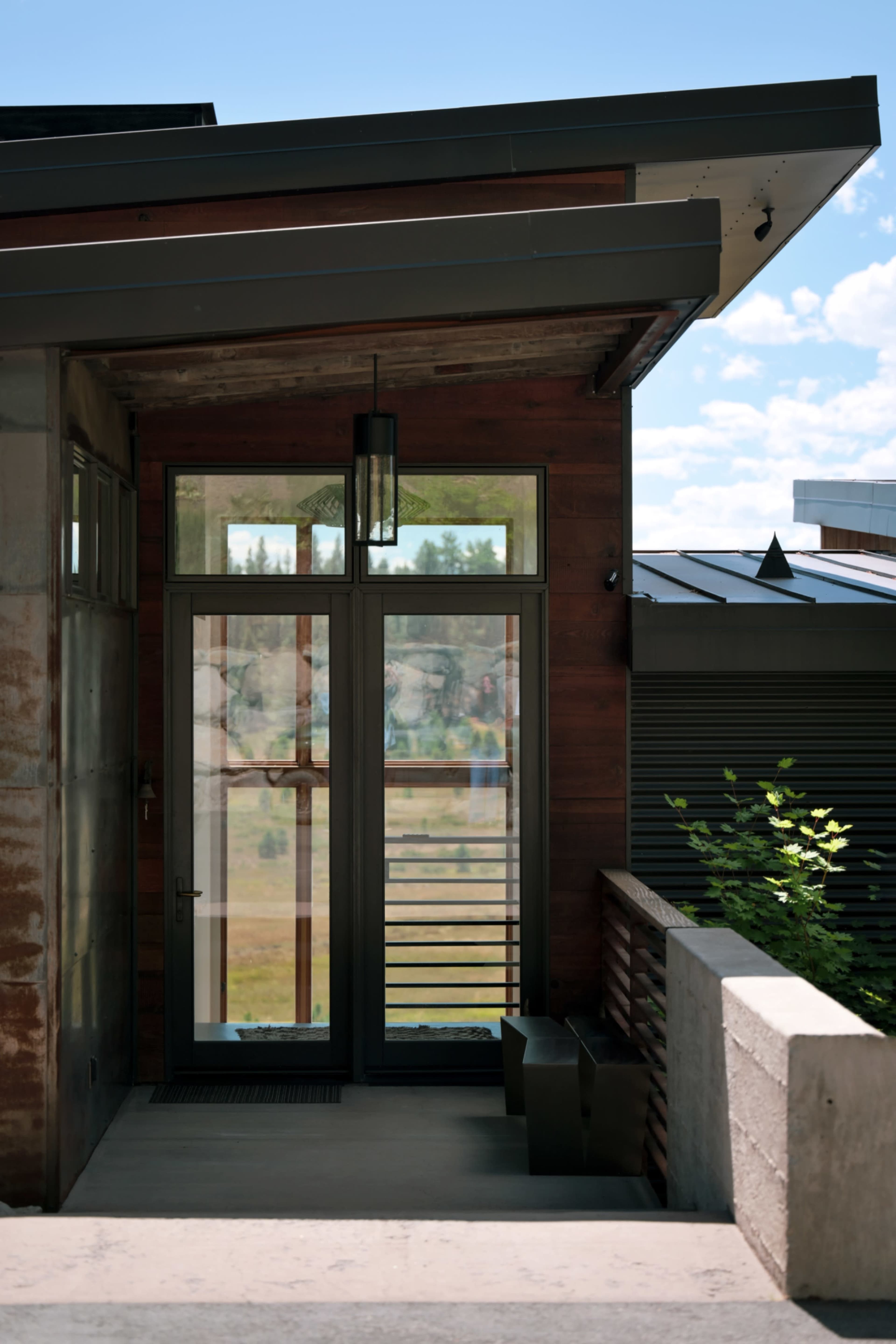 A modern entrance with a glass door framed by wooden siding and a sleek overhang, set against a backdrop of a clear sky and greenery.