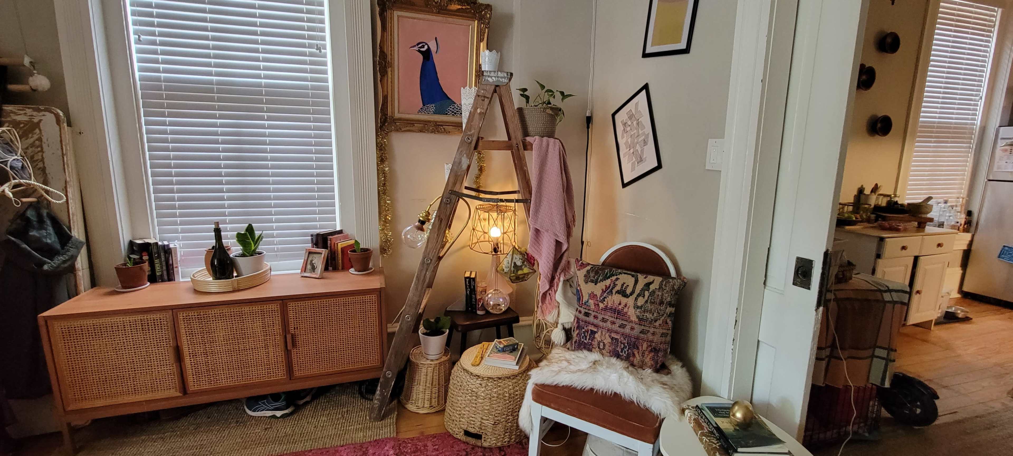 A cozy corner of a room features a wooden ladder adorned with plants and decorative items, alongside a vintage-style chair with a patterned cushion and a storage cabinet.