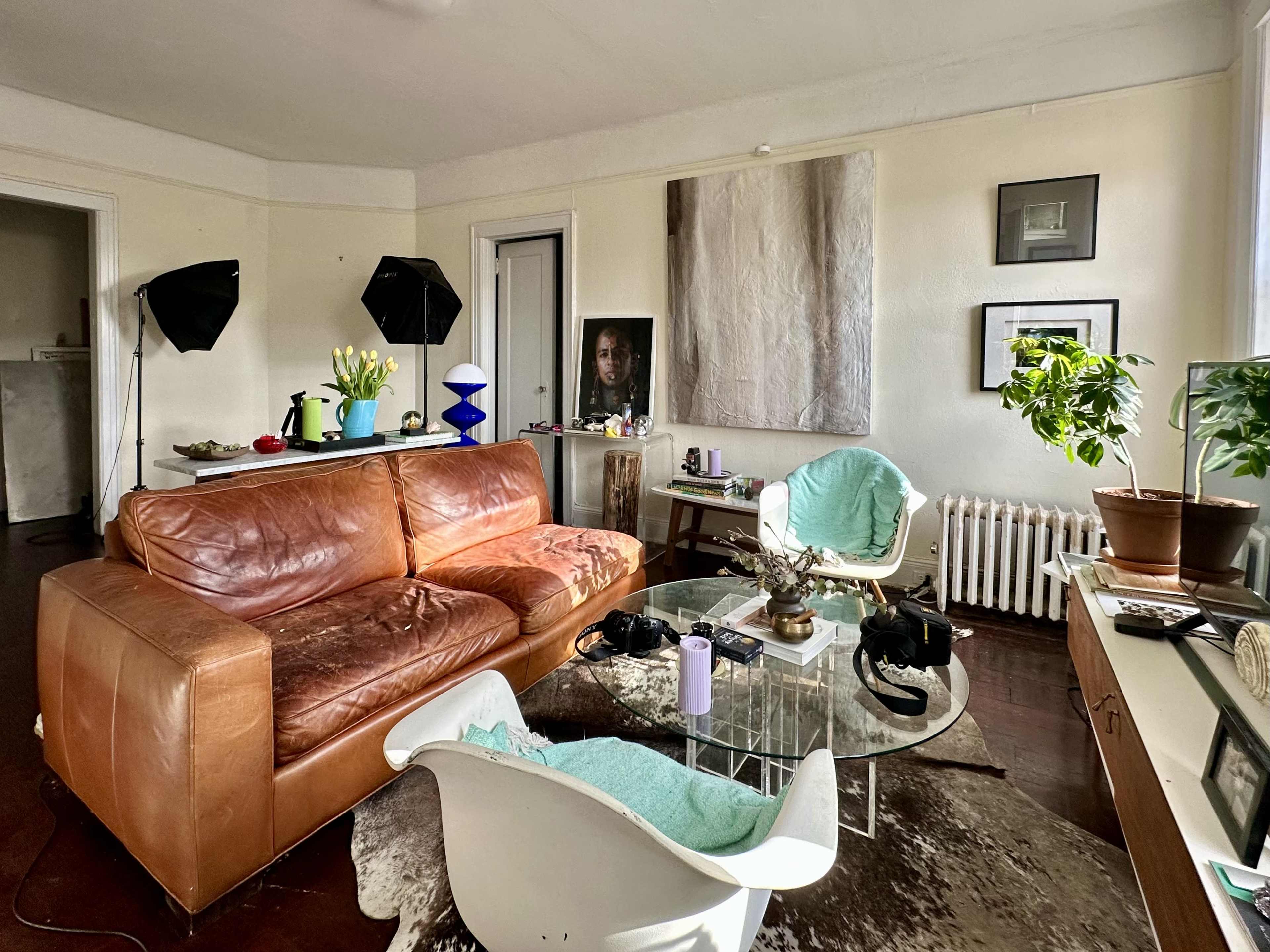 The image shows a living room with a brown leather sofa, a glass coffee table, and various decorative items, including plants and artwork on the walls.