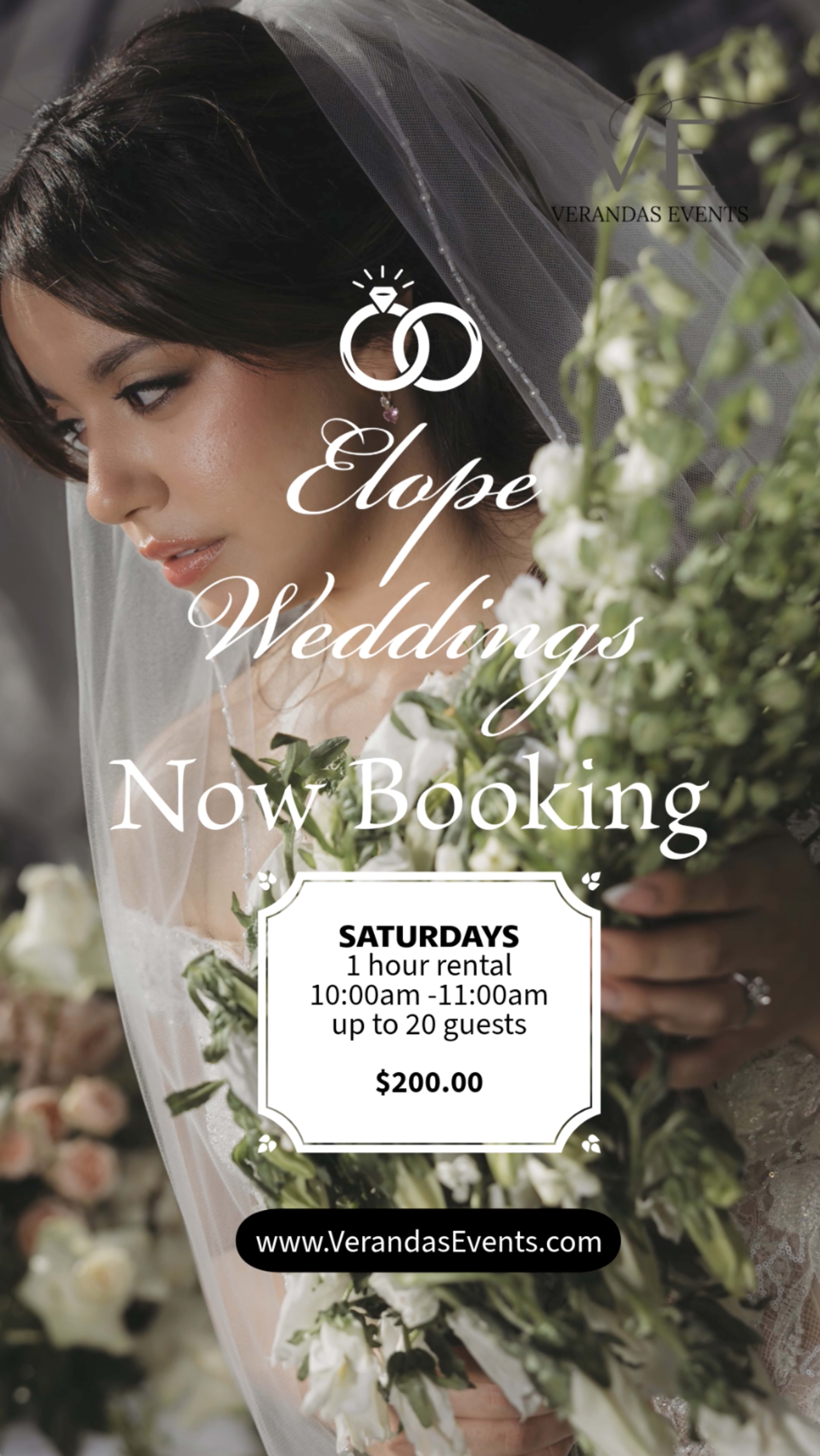 The image features a promotional graphic for elopement weddings, highlighting a Saturday rental option for up to 20 guests at a cost of $200.
