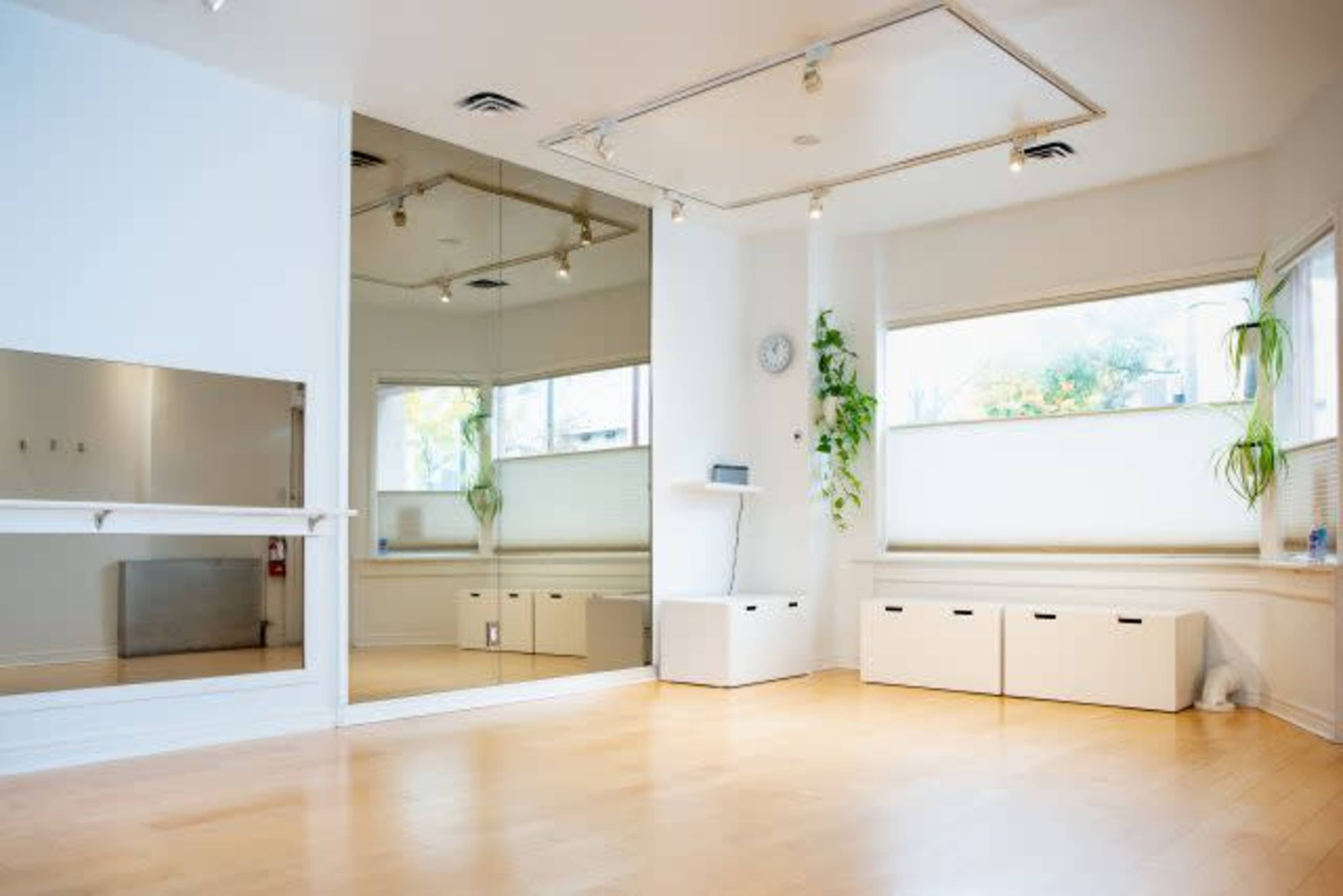 A bright, empty room with wooden flooring, large mirrors on one wall, and windows featuring potted plants.