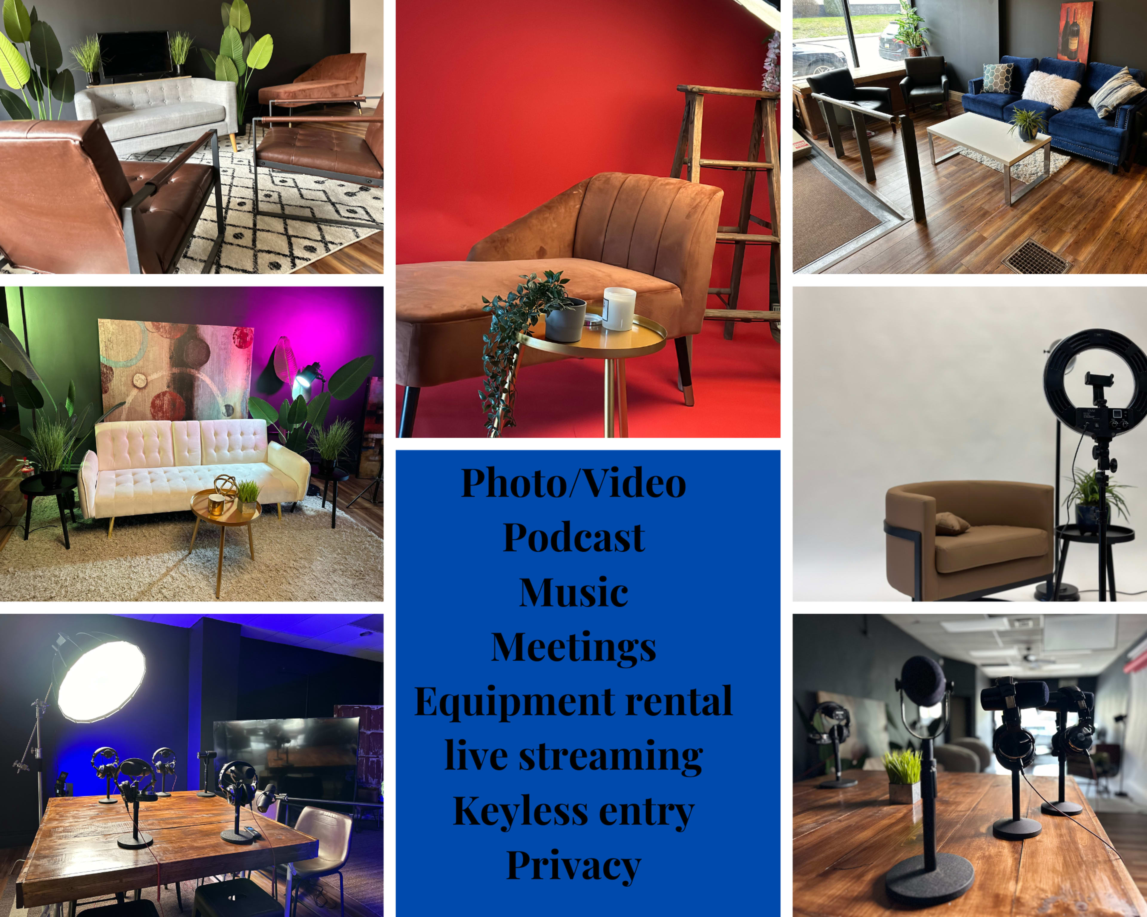 A variety of indoor spaces designed for multimedia use, featuring different seating arrangements and setups for video and audio production.