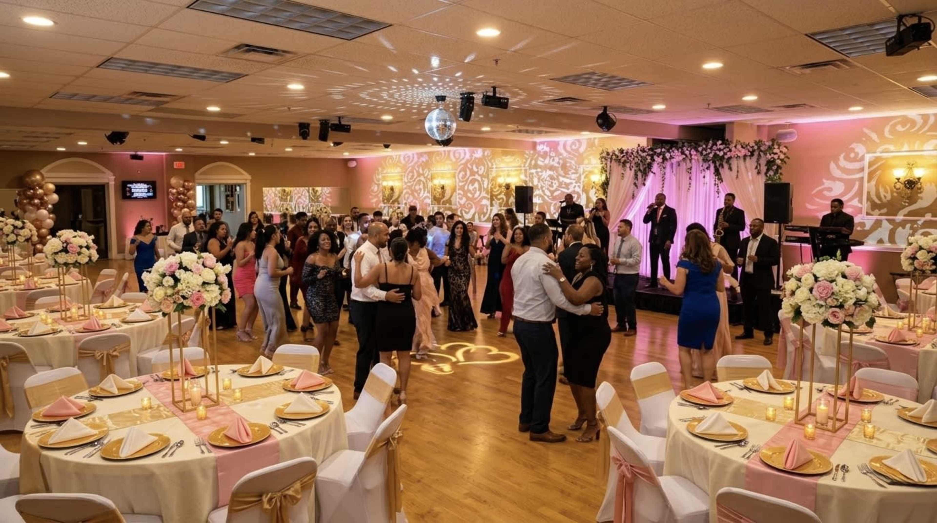 A spacious banquet hall is filled with people dancing, surrounded by elegantly decorated tables with floral centerpieces and soft lighting.