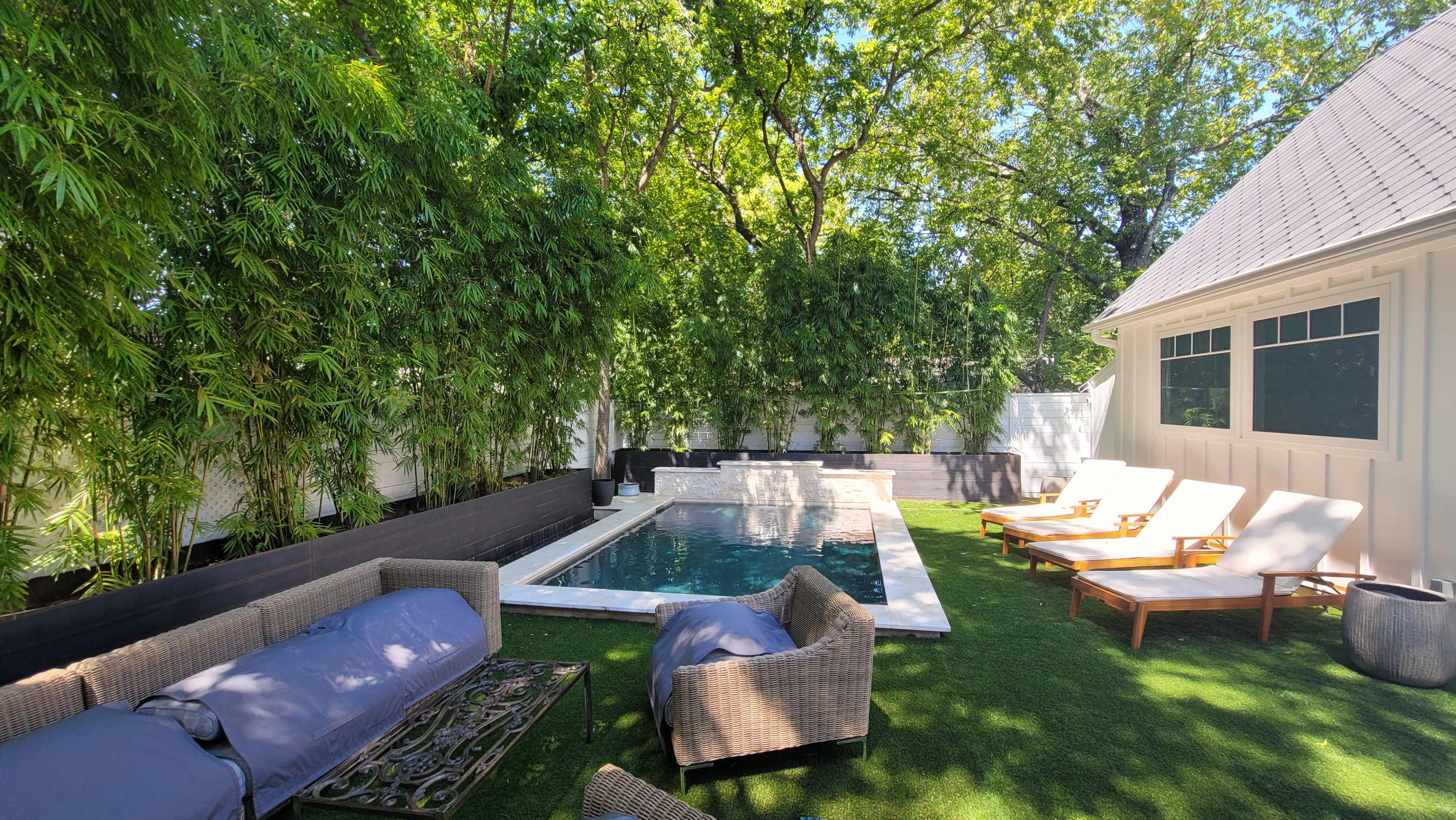 The image shows a backyard with a pool surrounded by green plants and lounge chairs on a grassy area.