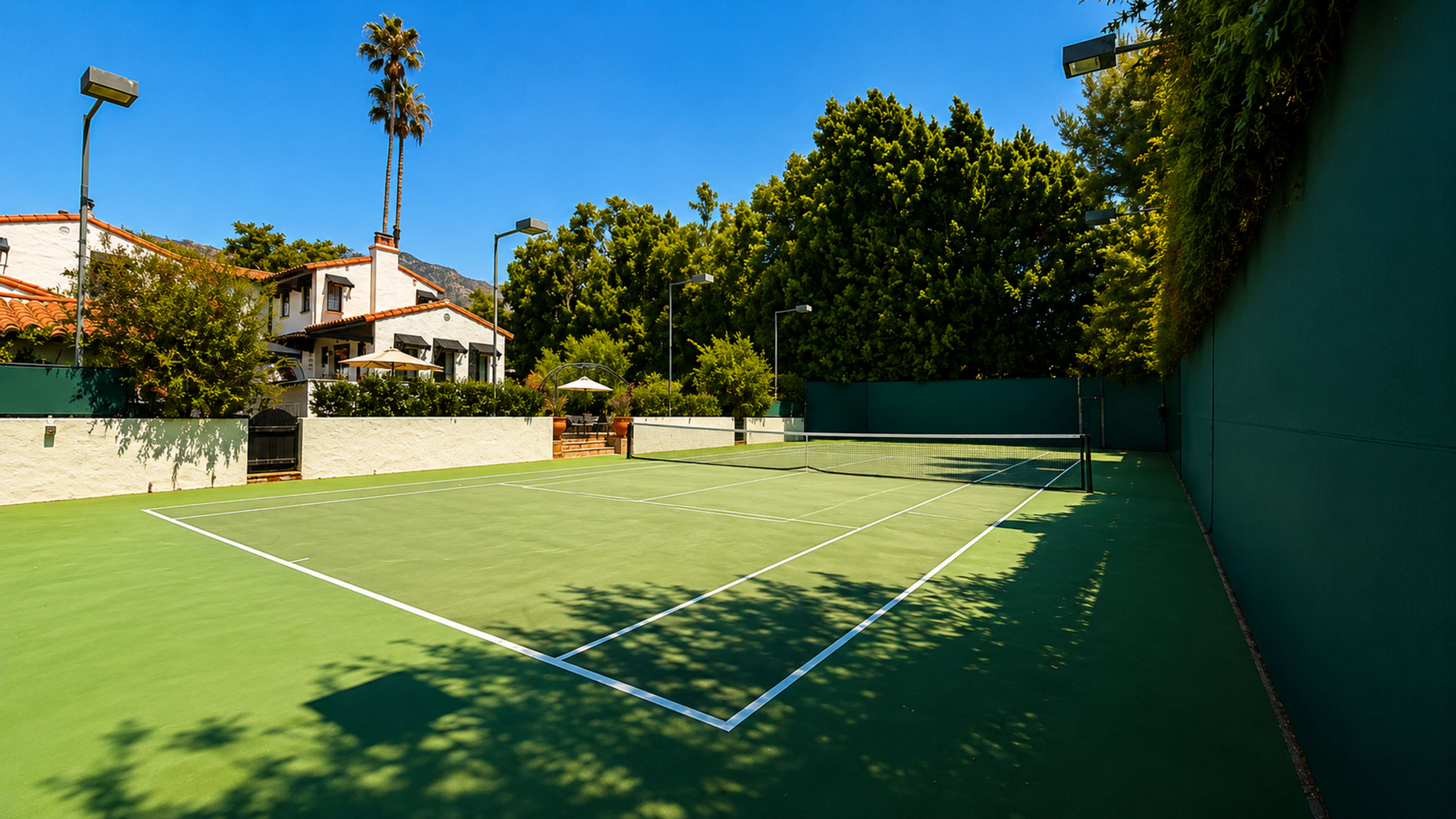 The image shows a green tennis court surrounded by trees and a residential building in a sunny setting.