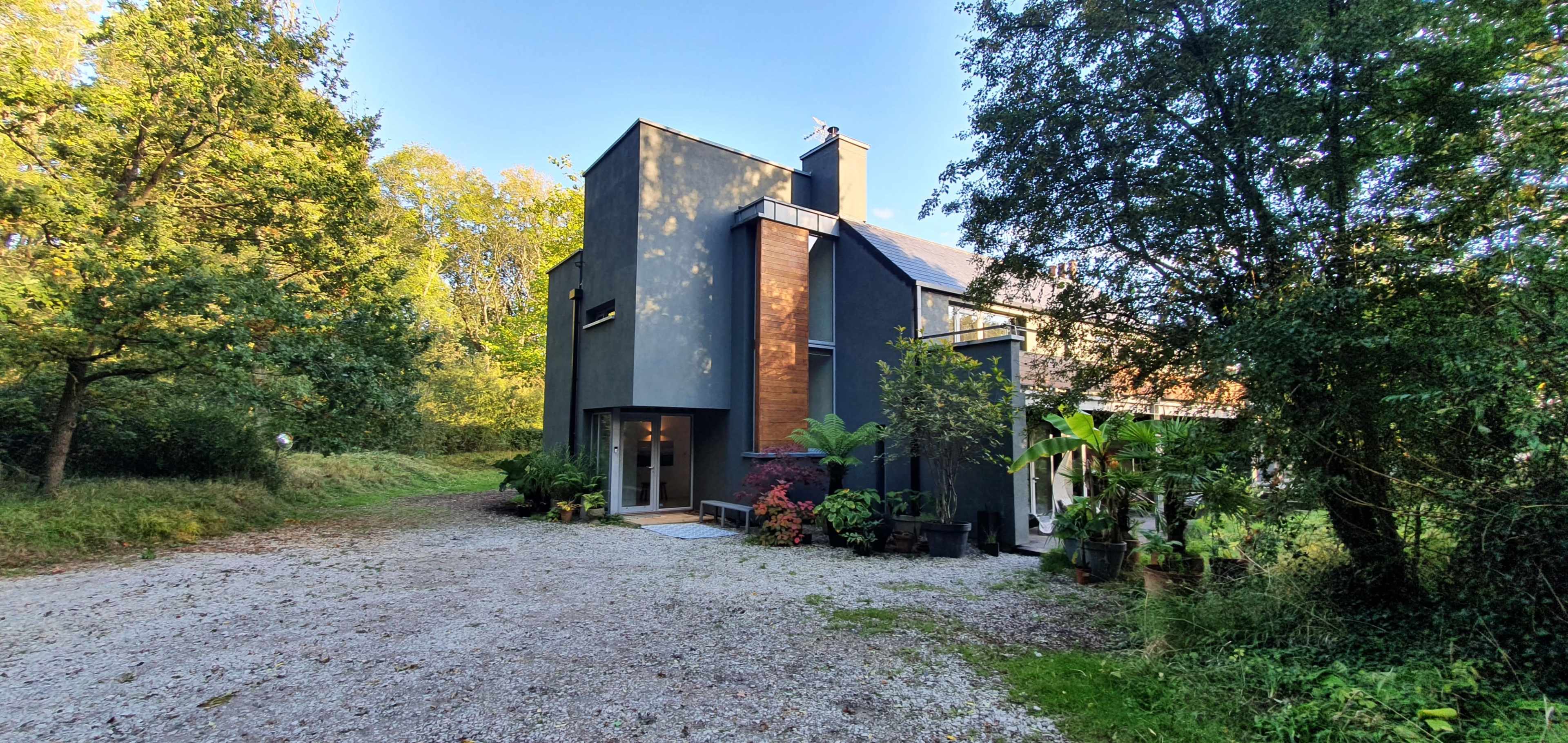 A modern two-story house with large windows and a gravel driveway is surrounded by trees and various plants.