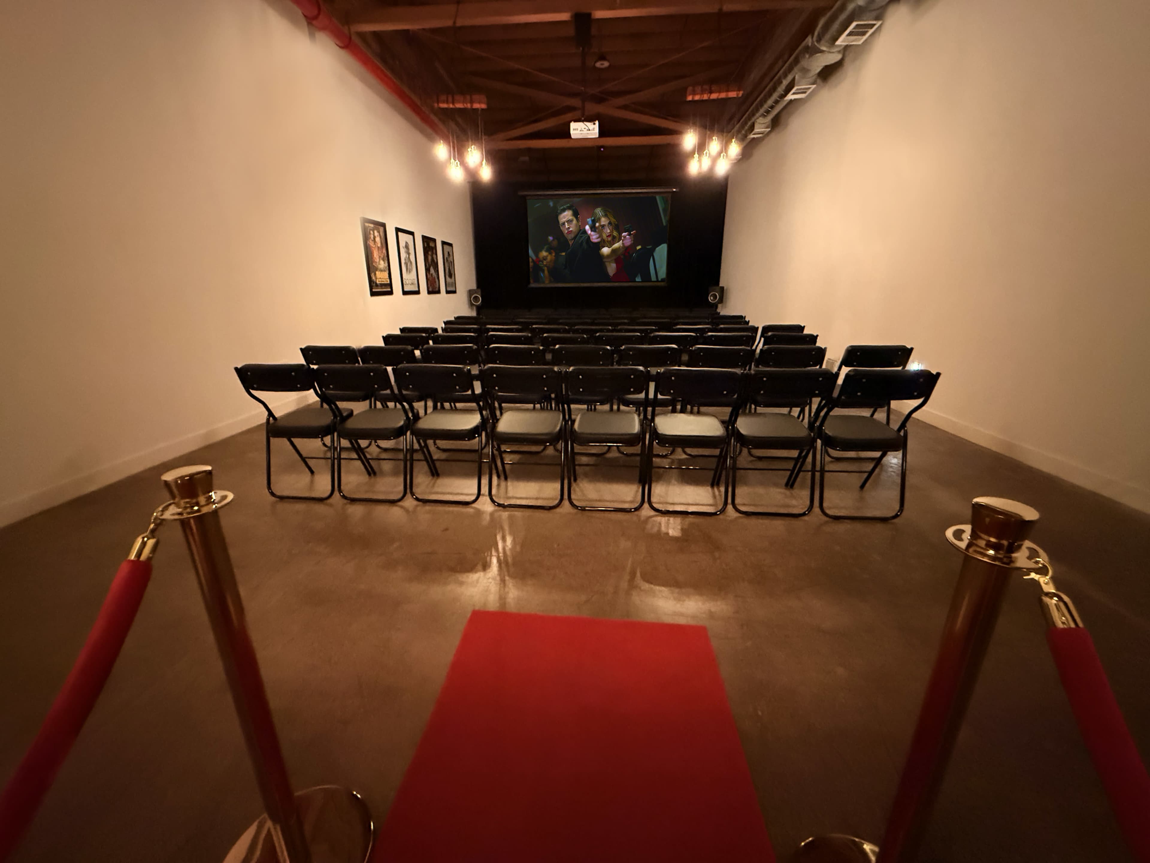 The image shows an empty screening room with rows of black chairs facing a large projection screen and a red carpet leading to the entrance.