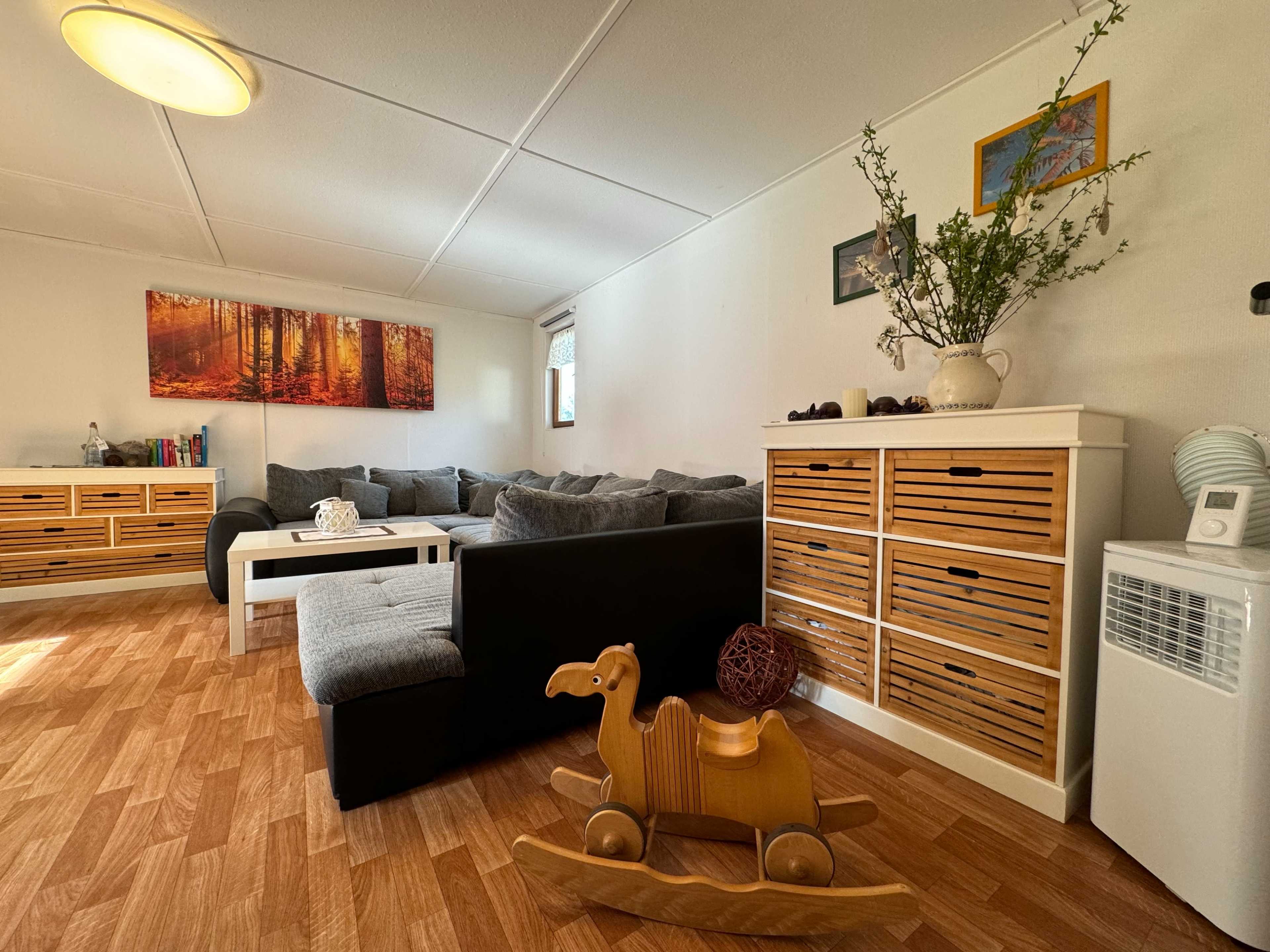 The image shows a living room with a sofa, a coffee table, a wooden rocking horse, and decorative storage cabinets against the walls.