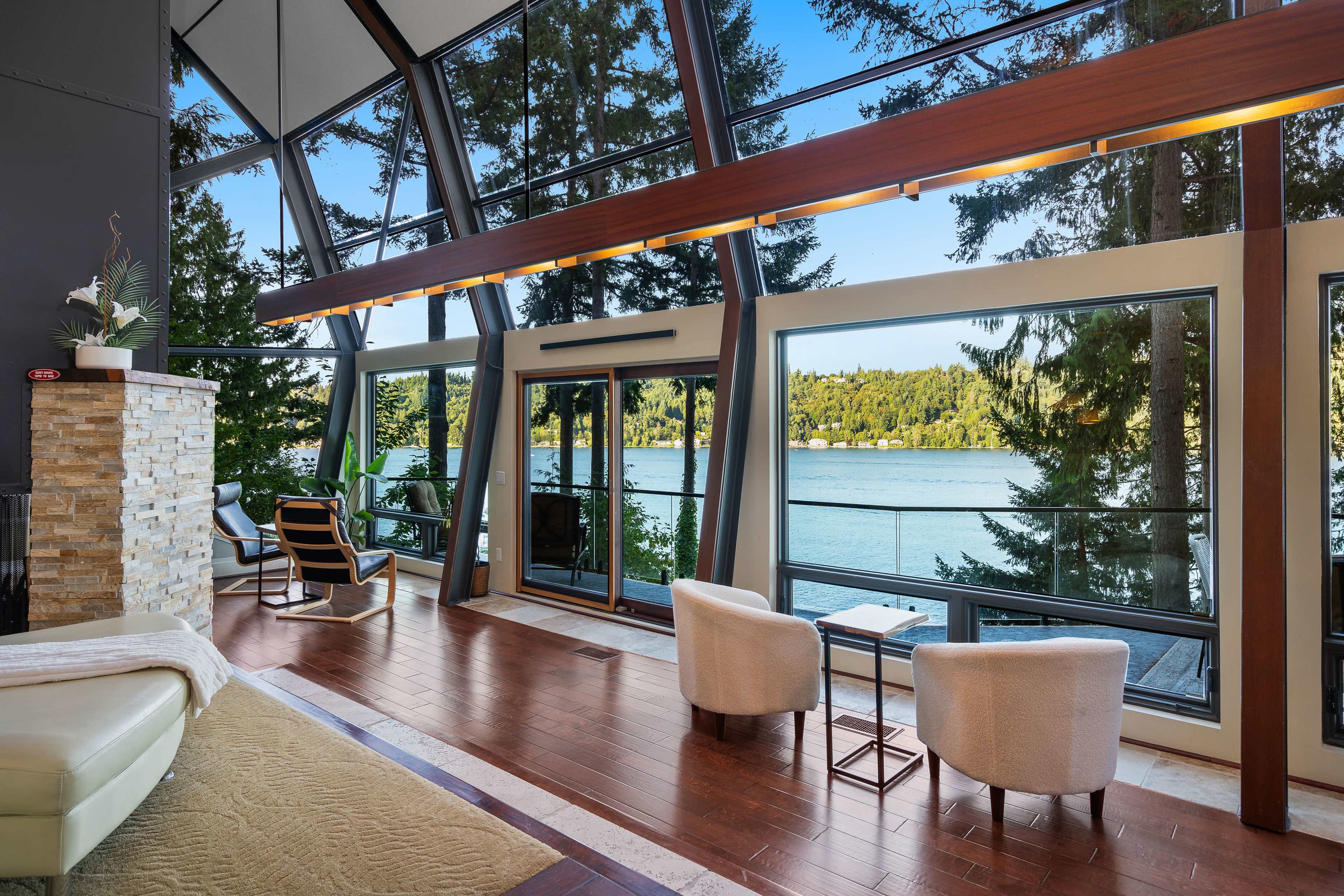 Glass house on Lake Sammamish with private dock Image in Viewpoint, Redmond, WA