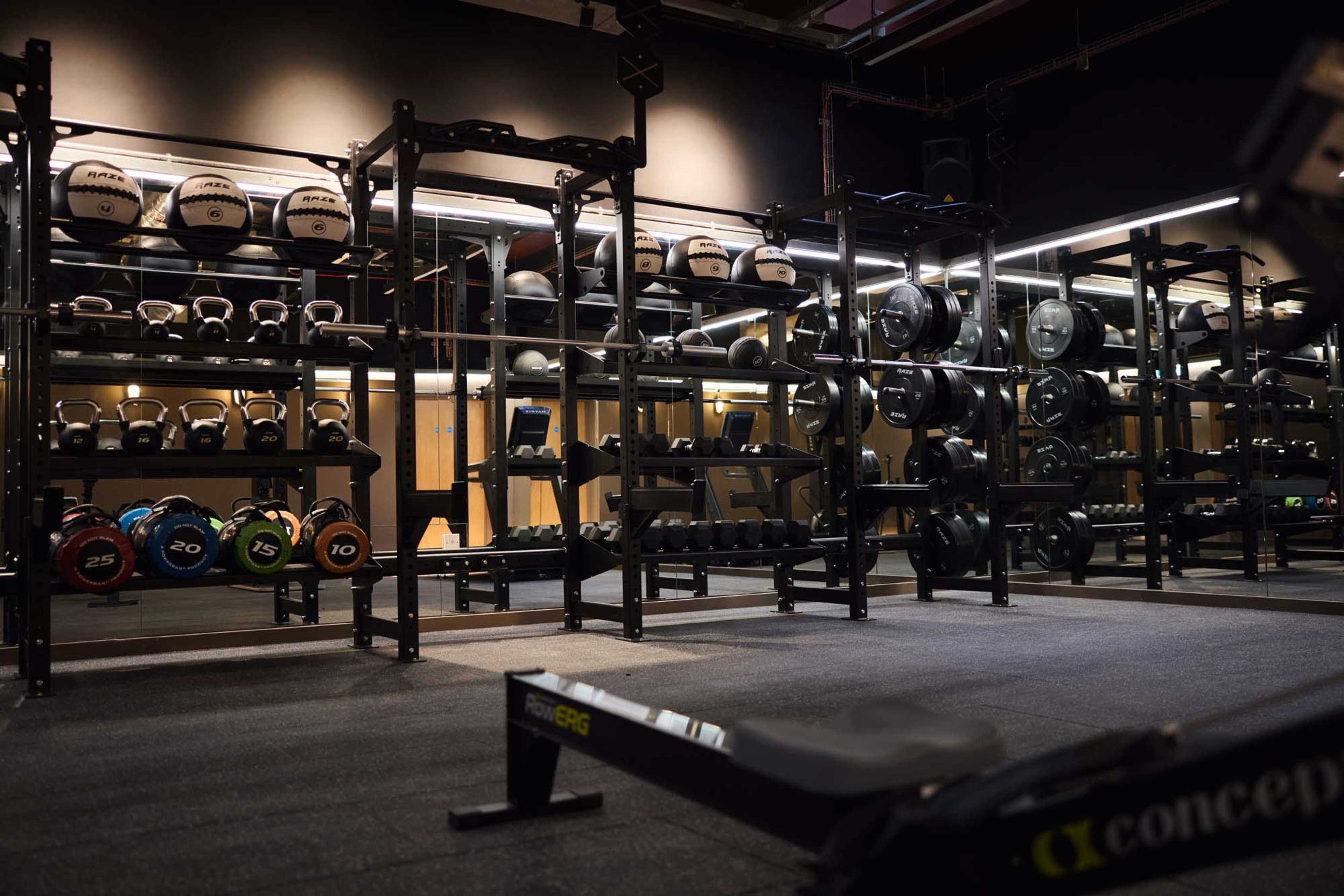 The image shows a well-equipped gym with various weights, kettlebells, and a rower in a neatly organized space.