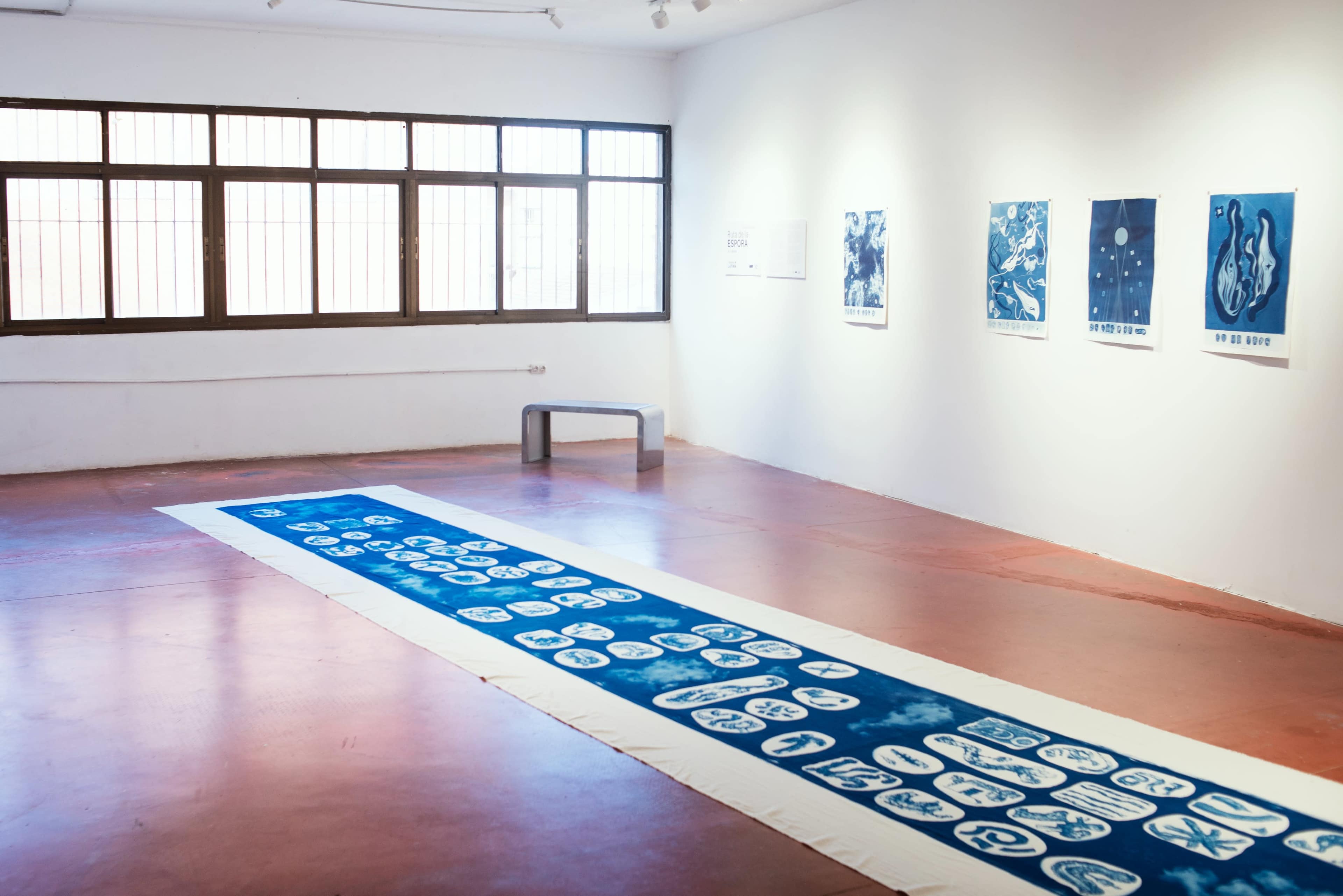 The image shows an art gallery with a long blue and white artwork displayed on the floor and several framed prints hanging on the walls.