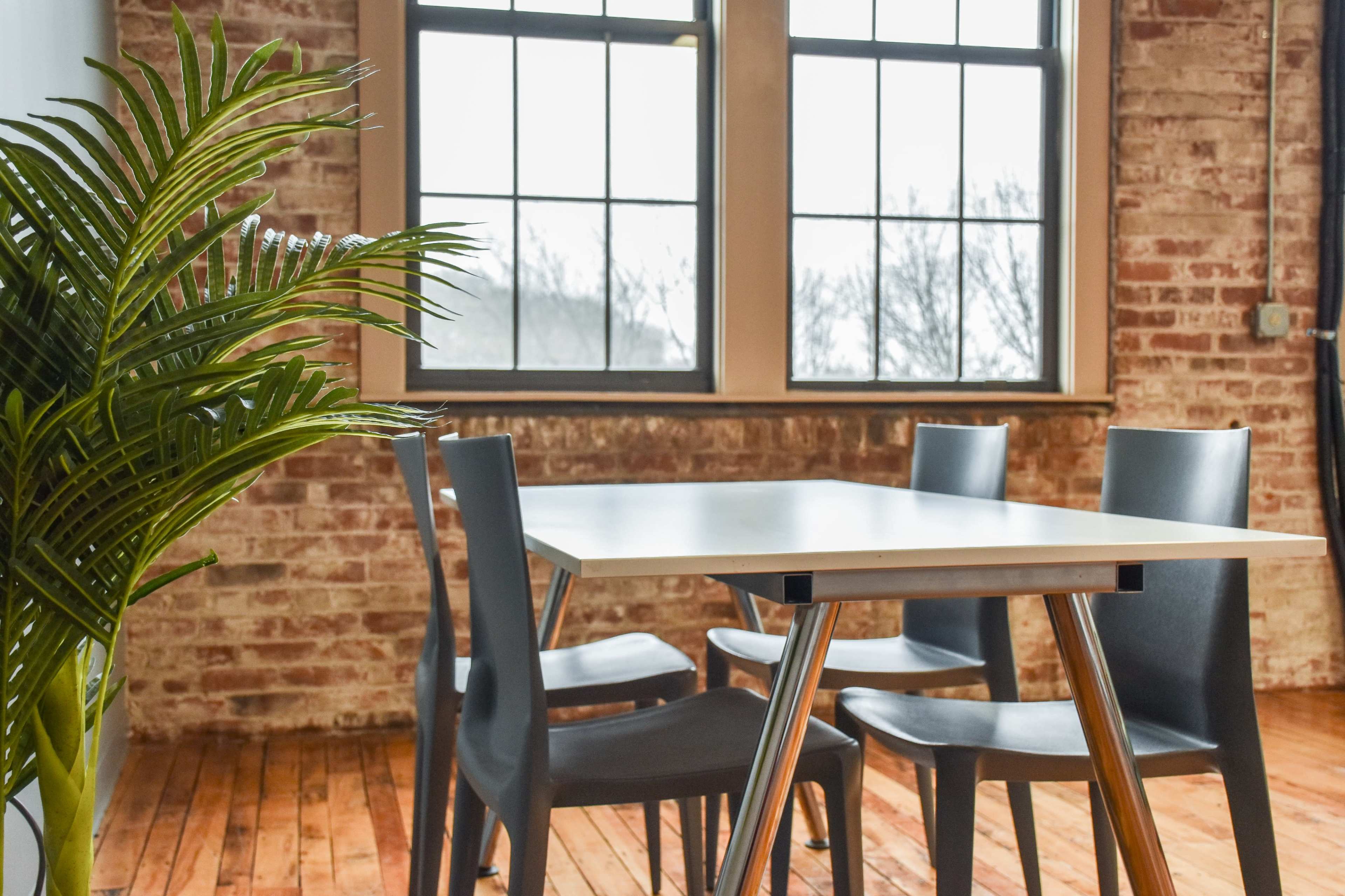 A small, furnished room features a white table surrounded by four gray chairs and a potted plant near a window.