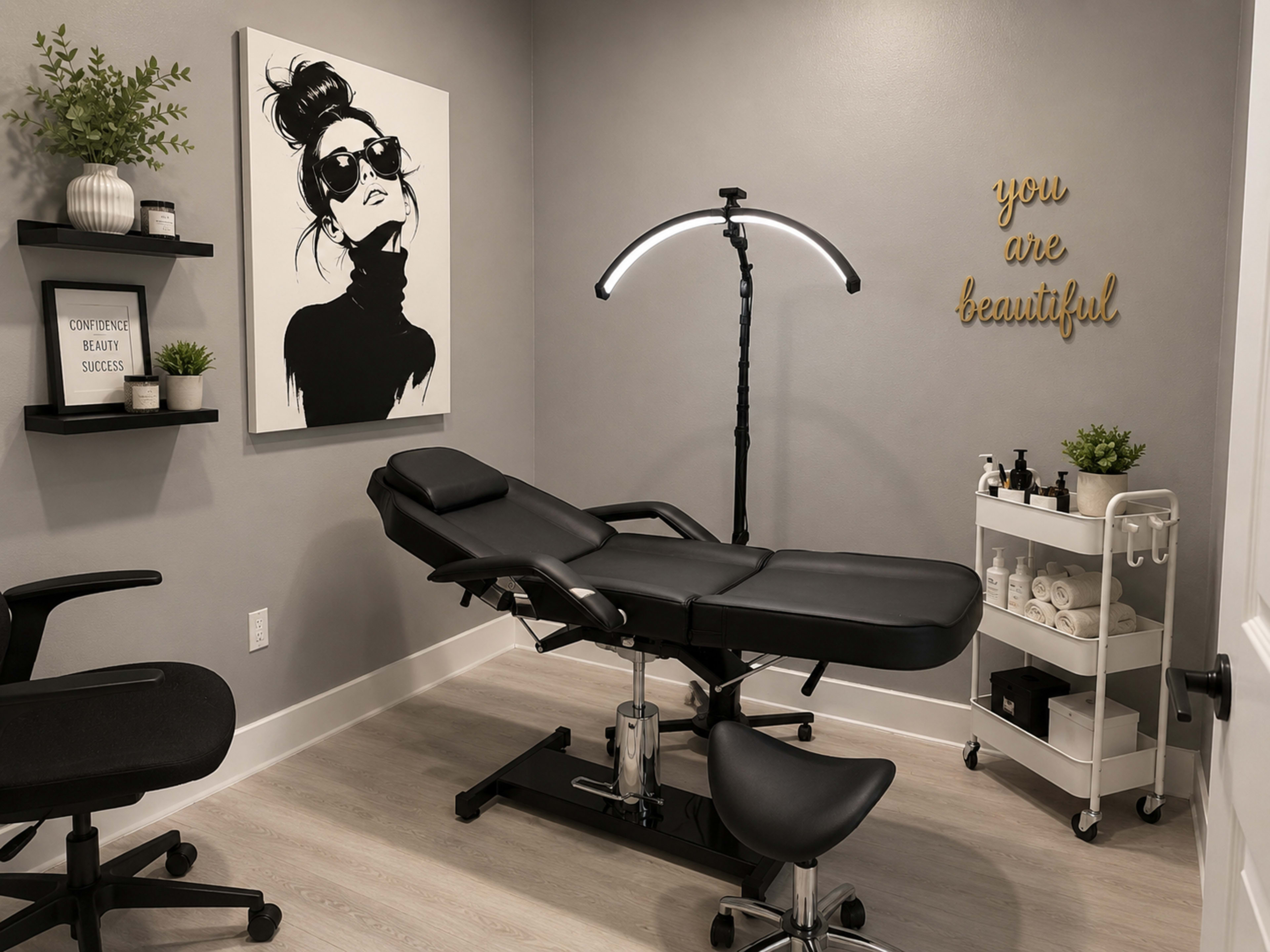 The image shows a beauty treatment room featuring a black reclining chair, a cart with beauty supplies, a wall adorned with a portrait of a woman in sunglasses, and a sign that says "you are beautiful."